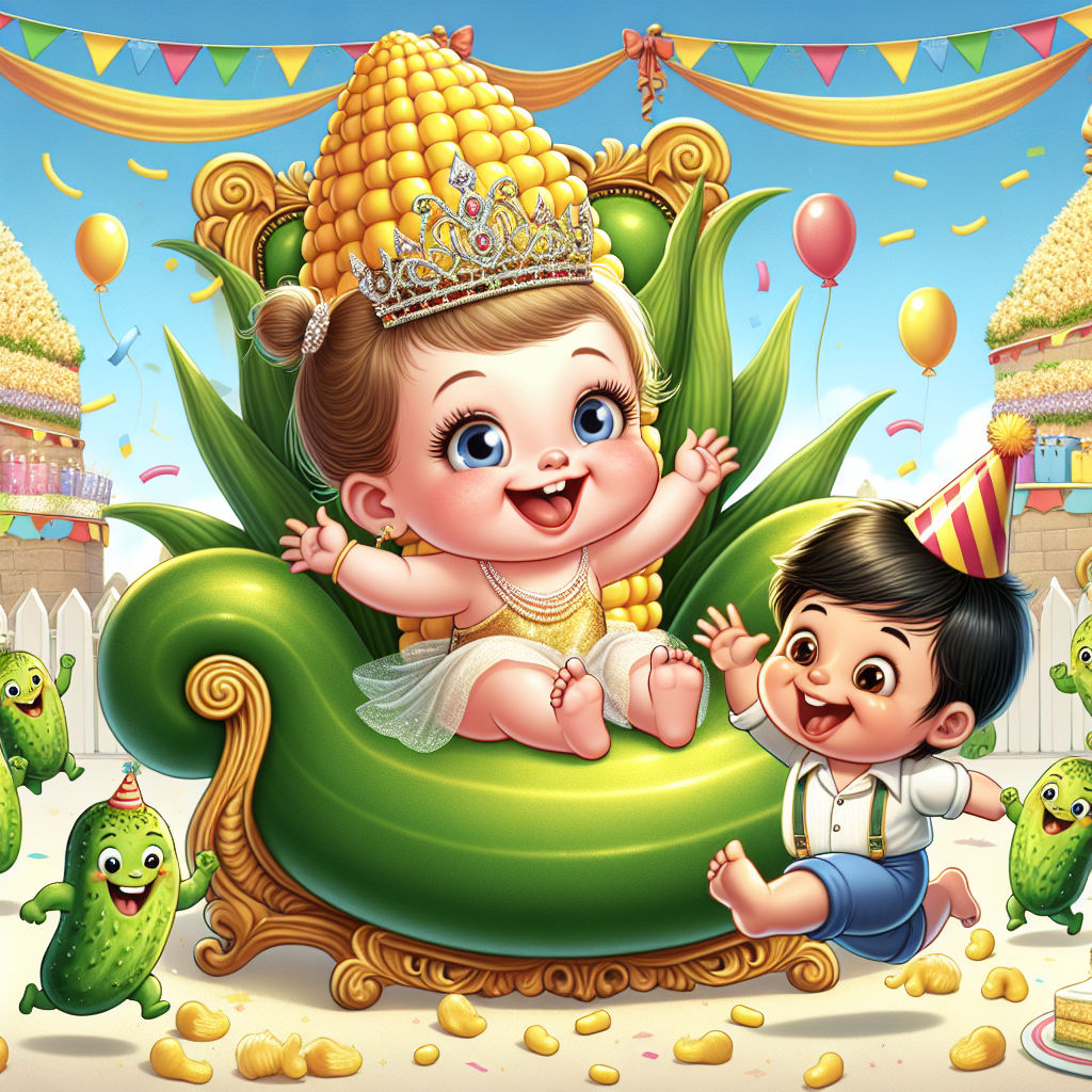 An enchanting birthday-themed illustration featuring a Caucasian cartoon baby girl joyfully sitting atop an oversized sweetcorn throne with a crown adorning her head. A South Asian toddler boy, his head topped with a comical party hat, chases a group of lively animated gherkins around the sweetcorn in a merry game of hide and seek. The scene is set against a backdrop generously filled with festive balloons and streamers, enhancing the celebratory atmosphere.
Generated with these themes: Baby girl, Sweetcorn, Gherkins, and Toddler boy.
Made with ❤️ by AI.