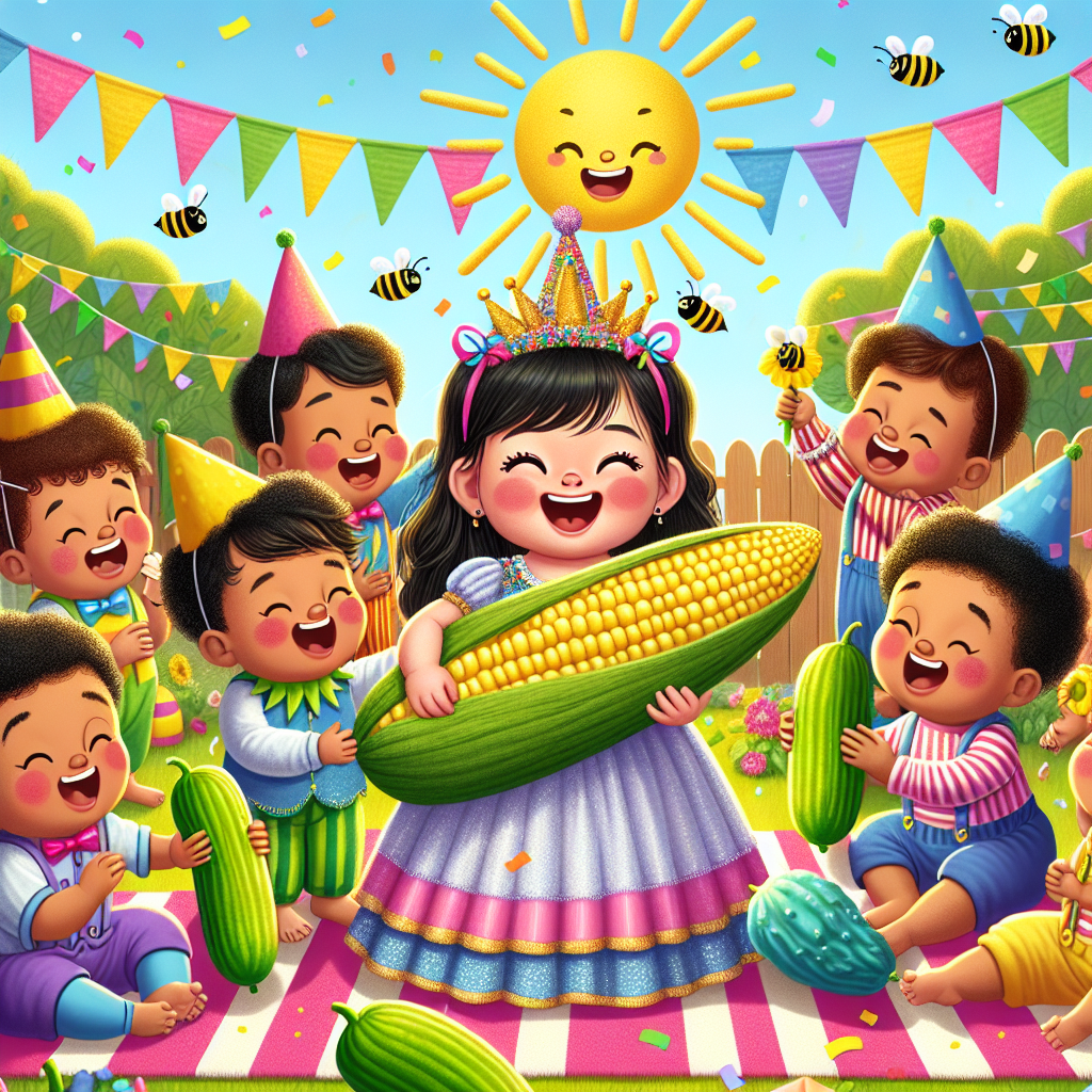 A playful scene is unfolding with a South Asian baby girl at the focal point, holding a sweetcorn scepter in her tiny hands and wearing a mischievous smile. She is enclosed by a group of cheerful Hispanic toddler boys dressed as jesters and juggling gherkins. They are situated in a lively garden, adorned with bright birthday banners and multicolored confetti under a beaming sun that appears to share their joy. Flitting around the sunny sky are bees and butterflies, further adding to the bustling birthday atmosphere.
Generated with these themes: Baby girl, Sweetcorn, Gherkins, and Toddler boy.
Made with ❤️ by AI.