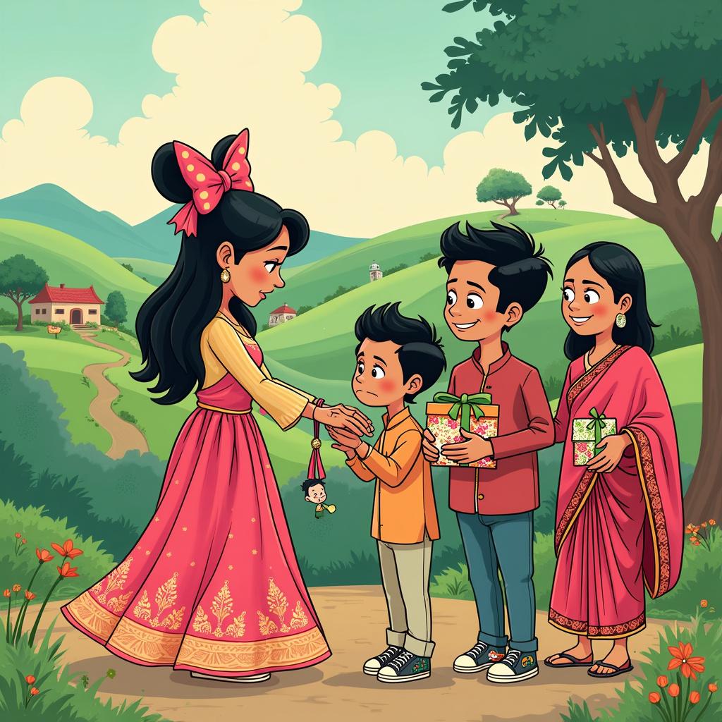 In a whimsical and colorful Indian village, reminiscent of a vibrant Walt Disney classic, rolling green hills create a picturesque backdrop that is subtly enhanced by futuristic elements akin to Osamu Tezuka's artistry. At the heart of this lively scene is a young Indian girl, dressed in a traditional, bright pink lehenga adorned with intricate gold embroidery that echoes the innocence of Snow White. On her head, she wears a quirky, oversized bow themed around Rakhi, which brings to mind the playful spirit of Minnie Mouse. As she ties a technicolor Rakhi, animated with expressions that seem to leap off her brother's wrist, the scene exudes a delightful energy straight out of a cartoon.

Her brother stands nearby, donned in a fusion outfit that combines a traditional kurta with contemporary jeans and sneakers that evoke the style of Bill Watterson’s creations. He looks bemused, holding a card inspired by Calvin and Hobbes that proudly proclaims, “Best Sister Ever!” The parents complete the tableau, their gentle features reminiscent of Charles Schulz’s style. The father sports a blazer in the spirit of Hergé's Tintin, while the mother wears a flowing sari reminiscent of Winsor McCay’s dreamy fabrics. Together, they smile as they carry a cake that resembles a stack of comic books, with “Happy Rakshabandhan” written in R. Crumb’s quirky lettering.

Surrounding the family are gifts wrapped in vibrant pop-art style paper, each adorned with caricature ribbons that resemble their family members' faces. A beagle, inspired by Snoopy, adds to the charm with a Rakhi tied around its collar, its Little Nemo-esque eyes sparkling with excitement. The decorations include balloons bobbing in the air with exaggerated expressions, as if drawn by Gary Larson, and streamers that weave gracefully through the scene, echoing the style of Art Spiegelman’s illustrations.

The atmosphere is sunny and clear, reminiscent of a classic Disney opening scene, with rays of sunlight casting a Will Eisner-style splash of light, enhancing the gold in the girl’s dress and the shimmer of the Rakhi. Animated butterflies flutter around, their movements styled in the tradition of Tezuka, playfully dancing around the girl’s bow and the excited family dog. It is a joyful celebration of Rakshabandhan, filled with love and laughter, encapsulating the warmth of family bonds.

Generated with these themes: Indian girl celebrating Rakshabandhan with her brother and family, Happy Rakshabandhan.  
Made with ❤️ by AI.