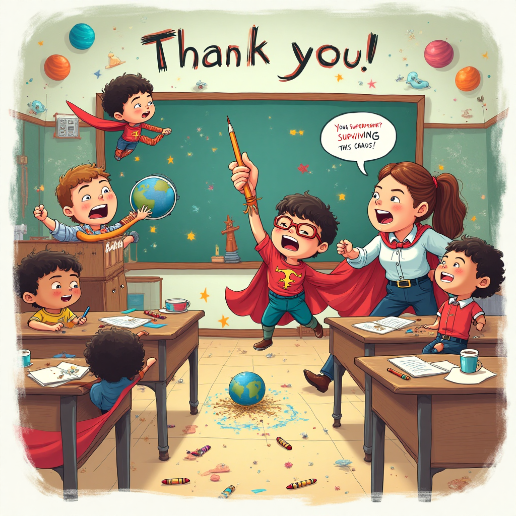 At the top of the Illustration Style image, include the text: "Thank you!"

**Image Description:**

Create a chaotic classroom scene where the students are tiny superheroes, each with their unique superpowers, using them in a way that creates hilarious havoc. One child with a cape is flying around, holding a globe, while another, with stretchy arms, is trying to reach a giant pencil from across the room. A small superhero with super-speed is whizzing past a teacher who looks frazzled but amused, holding a cup of coffee spilling over. Another child, with mind-reading abilities, is holding a book upside down and giggling, with a bubble above their head showing they are thinking of ice cream. The classroom is lively, colorful, and filled with drawings of planets and stars on the walls, and crayons scattered everywhere.

At the bottom, add a cheeky caption: "Your superpower? Surviving this chaos!"
Generated with these themes: Super heroes, Classroom, Chaos, and .
Made with ❤️ by AI.
