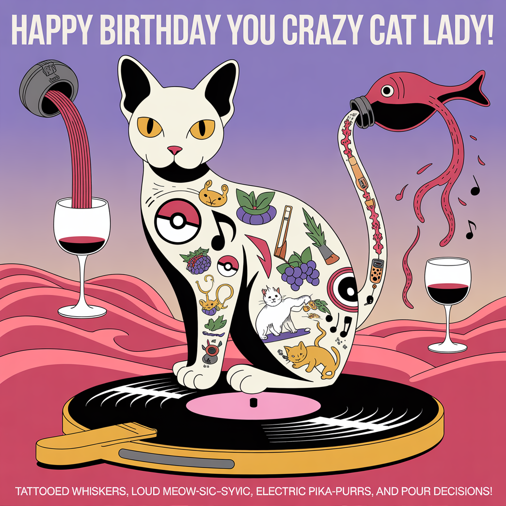 Tattoo, music, cats, pokemon, wine, , and Birthday Card