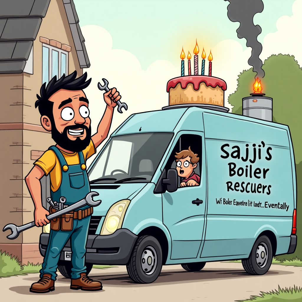 Gas boiler, Plumber, Light blue van, Overalls, Tools, Beard, Asian, and Birthday Card