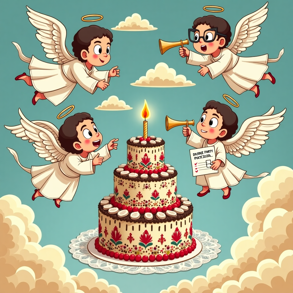 **Prompt:**

At the top of the vector image, “Holy Sheet, It’s Your Birthday Diana!”

A group of very serious, bureaucratic-looking angels descend dramatically from fluffy, golden clouds, holding official scrolls and trumpets. They hover over a gloriously over-the-top birthday cake balanced precariously on a vintage doily. The cake is decorated in the style of intricate Ukrainian embroidery — colorful geometric patterns, tiny florals, and delicate stitching designs done in icing. One angel wears glasses and points sternly at a flaming candle while another checks a checklist labeled "Divine Party Protocol". There's subtle sarcasm in their exaggerated expressions, as if this is the 1,048th party they’ve attended today and they're just here to “do their holy duty.” In the background, clouds are embroidered with Ukrainian patterns like it’s part of some celestial tradition. A sarcastically glowing halo hovers over the cake instead of someone’s head. Color palette: sky blues, golds, and the traditional red, black, and white of Ukrainian embroidery.

Funny. Heavenly. Just barely taking itself seriously.
Generated with these themes: Serious but sarcastic, angels coming down to delebrate, birthday cake, and ukrainian enbroidery.
Made with ❤️ by AI.