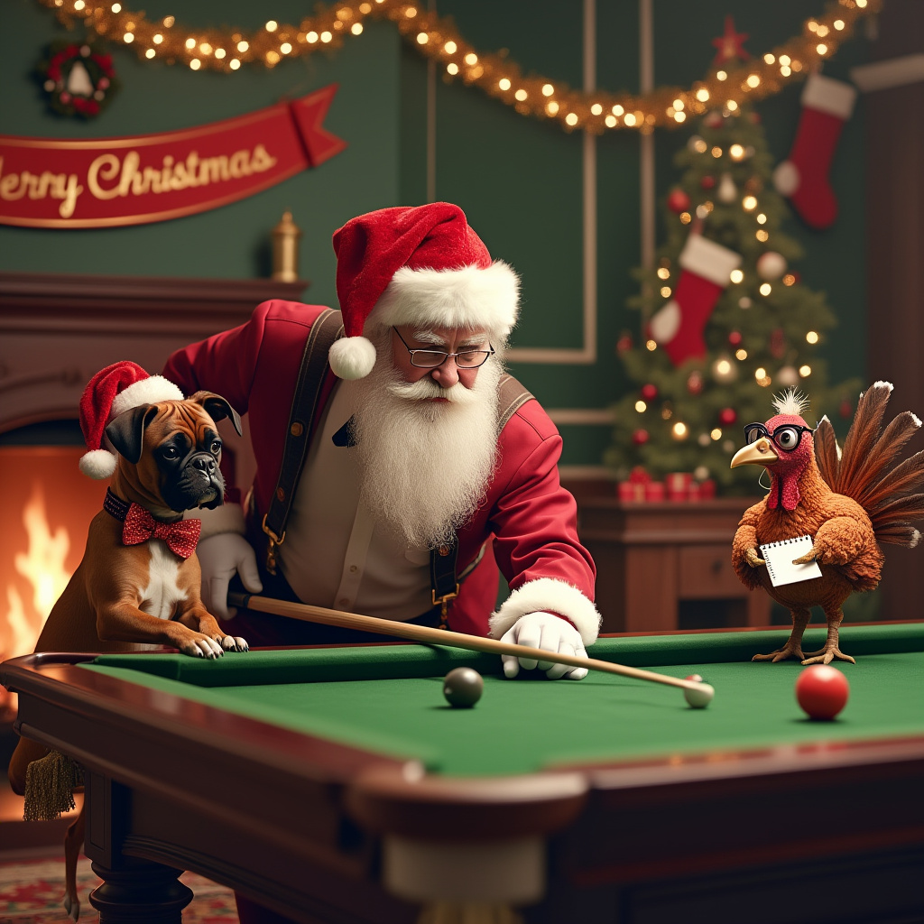 In a cozy, warmly lit room adorned with twinkling fairy lights and tinsel garlands, Santa Claus is lining up a tricky shot on a grand, mahogany snooker table. He's dressed in his traditional red suit, but his coat is hung over a chair, revealing his suspenders and a crisp white shirt, sleeves rolled up. His bushy white beard and twinkling eyes show a playful concentration. Opposite him stands a dapper Boxer dog, wearing a jaunty red bow tie and a little Santa hat that precariously balances between its floppy ears. The Boxer, with an intent gaze, holds a mini cue stick between its paws, its wagging tail betraying its excitement for the game. To the side of the table, perched on a festive stool, is a plump, golden-brown Christmas turkey with little spectacles perched on its beak. The turkey clutches a tiny notepad and pencil in its wings, diligently keeping score, its focused eyes peering over the frames. Above them, a cheerful banner stretches across the room, proclaiming "Merry Christmas Chris" in glittering gold letters. The room is dotted with Christmas stockings, a crackling fireplace, and a small Christmas tree decorated with ornaments and a twinkling star on top, making it a perfect backdrop for this whimsical holiday scene.
Generated with these themes: Santa, Boxer dog, Christmas turkey, Pool/snooker, and Santa playing game of pool/snooker with boxer dog with Christmas turkey keeping score with Merry Christmas Chris banner.
Made with ❤️ by AI.