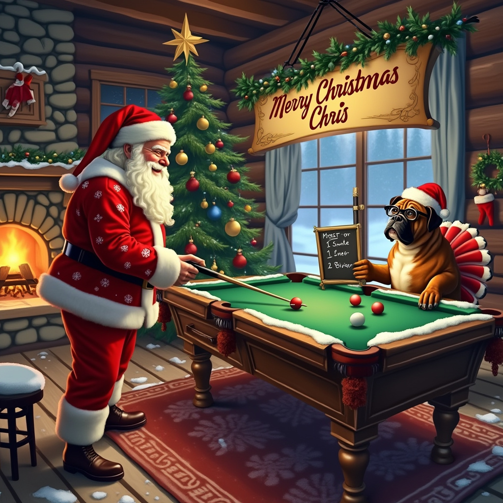Santa, Boxer dog, Christmas turkey, Pool/snooker, and Santa playing game of pool/snooker with boxer dog with Christmas turkey keeping score with Merry Christmas Chris banner Christmas Card