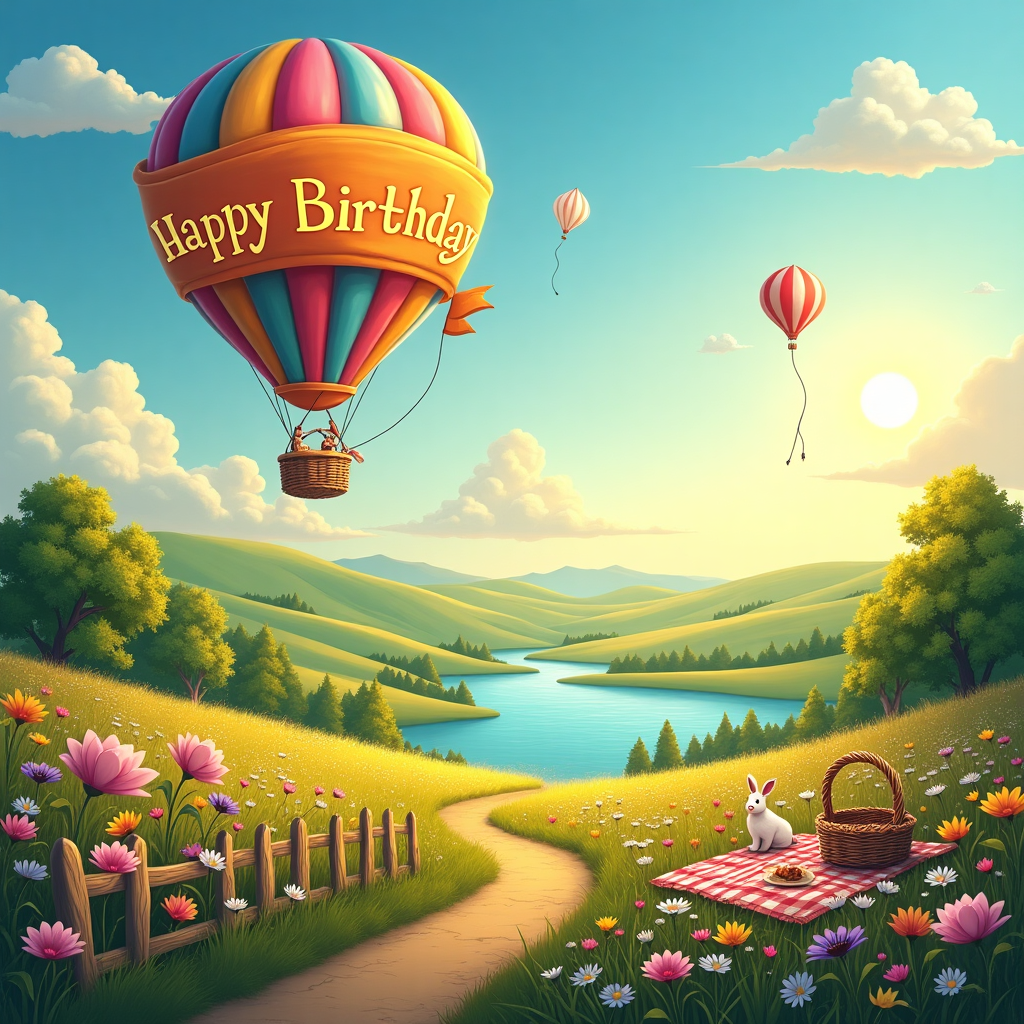 In this vibrant and whimsical birthday card scene, imagine a picturesque, idyllic landscape that unfolds like a dream. The foreground is dominated by a vast, lush meadow carpeted with wildflowers of every conceivable color, swaying gently under a warm, golden sunlight. A quaint little wooden fence, aged with character, snakes its way across the scene, dividing the meadow from a shimmering, crystal-clear lake. The surface of the lake mirrors the sky above, capturing the fluffy, white clouds drifting lazily across an azure canvas.

Towering above this idyllic setting is a magnificent hot air balloon, the star of the scene. It's an artistic marvel, with its envelope vividly painted in a kaleidoscope of colors that dance in harmony with the hues of the wildflowers below. The balloon proudly displays the message "Happy Birthday" in bold, playful letters that wrap around its circumference like a celebratory sash. The basket of the balloon is woven from golden reeds, glinting in the sunlight, and appears to float weightlessly above the meadow.

In the distance, gentle hills roll towards the horizon, their peaks kissed by the soft pastels of a sunrise. A few whimsical details pepper the scene: a friendly rabbit peeking out from behind a bush, a kite shaped like a unicorn soaring on the breeze, and a quaint picnic setup complete with a checkered blanket and a basket spilling over with treats. The scene captures a perfect moment of serenity and joy, all tied together by the majestic, celebratory hot air balloon that promises adventure and whimsy to whoever receives this card.
Generated with these themes: schoene idylische Landschaft mit einem heisluftballon auf dem Happy Birthday steht.
Made with ❤️ by AI.