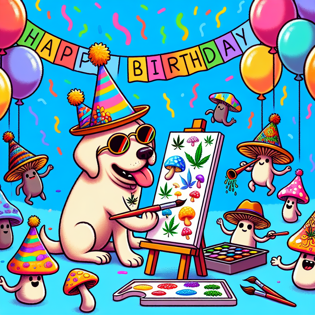 A lively, cute, animated birthday party is taking place, starring a jubilant Labrador wearing an array of colorful party hats. In its mouth, the dog holds a paintbrush, diligently creating a canvas filled with different vivid fungi and cannabis leaves. It's a scene set under a string of buoyant balloons. Joining the party are two mushroom characters stylized with iconic hats and sunglasses, reminiscent of a popular musical duo, energetically playing saxophones. Adding to this festive atmosphere, other mushroom characters with intricate, twining hairstyles move rhythmically to the beat, contributing to the overall joyous vibe of the celebration.
Generated with these themes: Labrador, Painting, Cannabis , Fungi , Dreadlocks , and Blues brothers.
Made with ❤️ by AI.