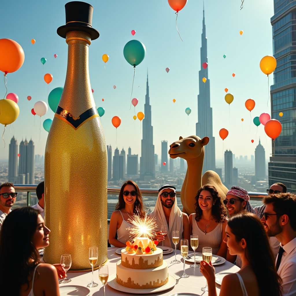 In the bustling heart of Dubai, with its iconic skyline as a backdrop, the scene is set for a birthday celebration like no other. Atop the world's tallest building, the Burj Khalifa, an extravagant party unfolds on its glass terrace. The focal point is a colossal, golden champagne bottle, comically oversized, towering over the gathered guests and shimmering under the sun. It stands proudly next to a life-sized replica of a camel, whimsically decked out in a top hat and bow tie, offering a nod to Dubai's cultural heritage. Around the terrace, guests are adorned in a mix of traditional Emirati attire and modern party wear, creating a vibrant clash of styles. They hold crystal champagne flutes, which are overflowing with bubbles that catch the light and appear to spill out like a sparkling fountain. The air is filled with an array of colorful balloons shaped like the famous landmarks of Dubai, such as the Burj Al Arab and the Palm Jumeirah, drifting lazily against the clear blue sky. In one corner, a DJ booth is crafted from a sand dune, with speakers shaped like Arabian lamps, playing upbeat music that pulses with the rhythm of the city. The table is laden with exotic fruits and a three-tiered birthday cake, each layer designed as a miniature version of Dubai’s architectural marvels, with sparklers instead of candles sending glittering sparks into the air. A parade of robotic camels, programmed to distribute birthday gifts, weaves through the guests, adding a touch of futuristic charm. This vibrant and whimsical scene captures the opulence and modernity of Dubai, all while humorously celebrating a birthday in style.
Generated with these themes: Dubai, and Champagne .
Made with ❤️ by AI.