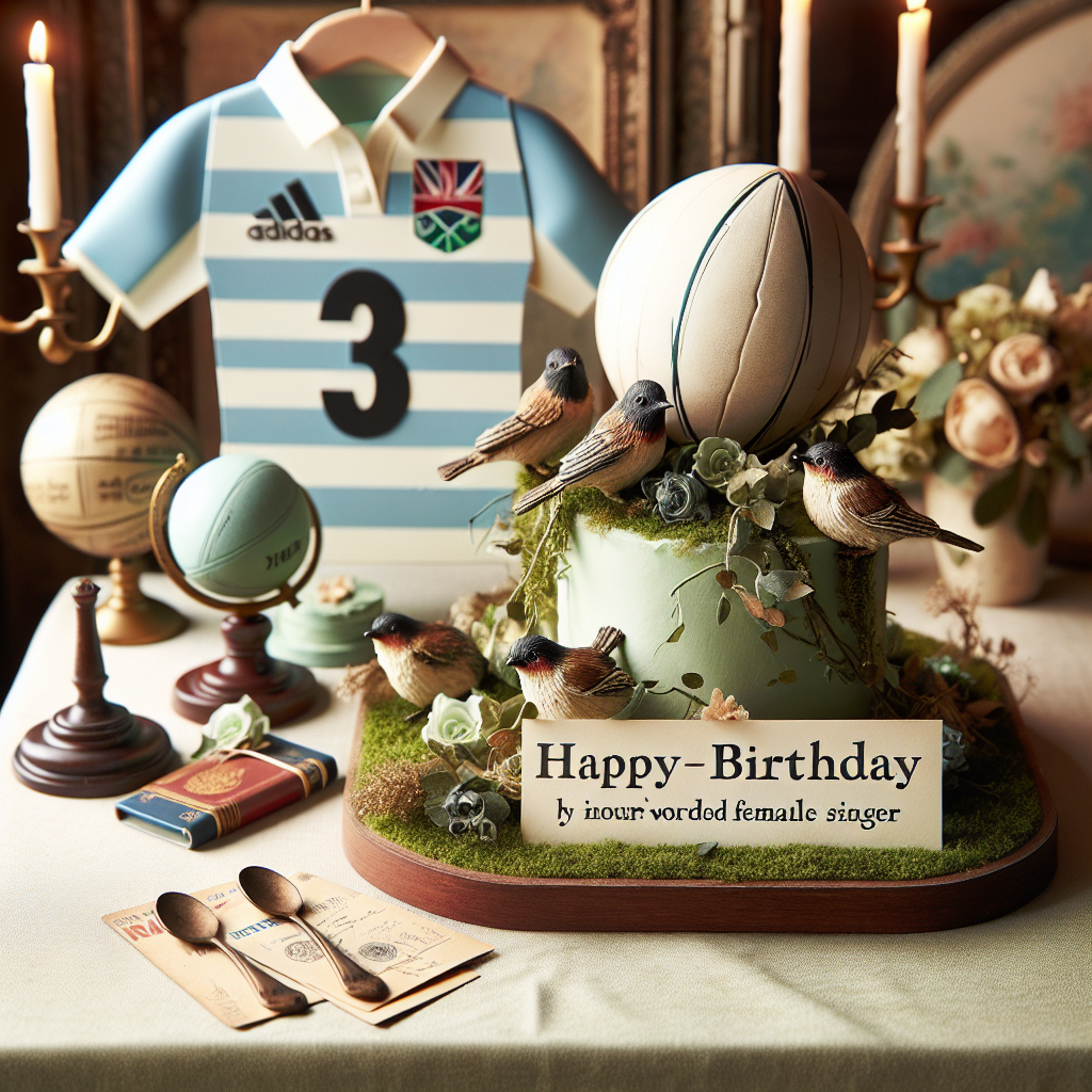Imagine a quaint birthday setting, with the aesthetic subtly influenced by a world-renowned female singer noted for her sophistication. Delicately crafted bird representations are nestled amidst the greenery, touching the atmosphere with nature. Elements of rugby are elegantly presented on a side display, featuring realistic miniature balls and jerseys, blending seamlessly with the overall aesthetic. In honor of the spirit of adventure, travel-themed accents, including vintage globes and passport-styled invitations, are strategically placed to complete the scene.
Generated with these themes: Beyonce, Birds, Rugby, and Travelling.
Made with ❤️ by AI.