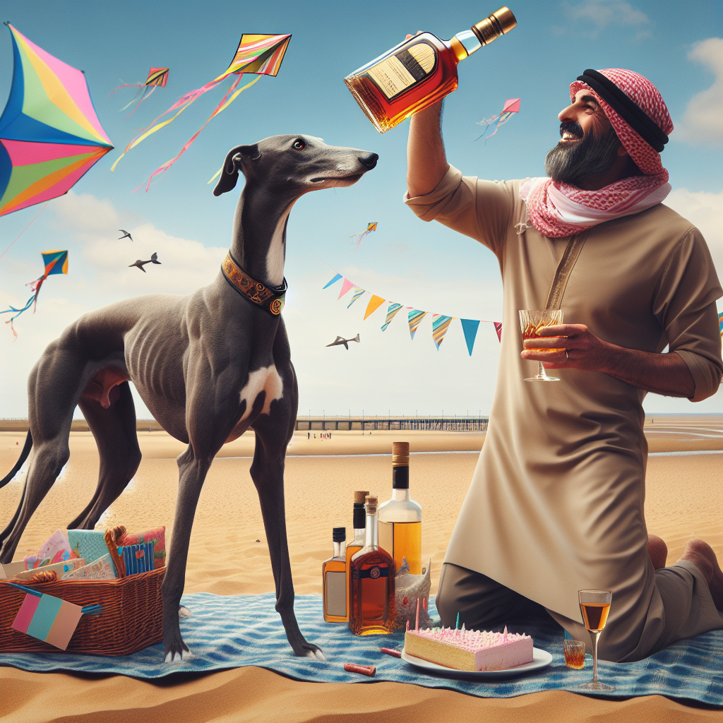 Dad, Greyhound, Hennesey , Mablethorpe, and Beach Birthday Card