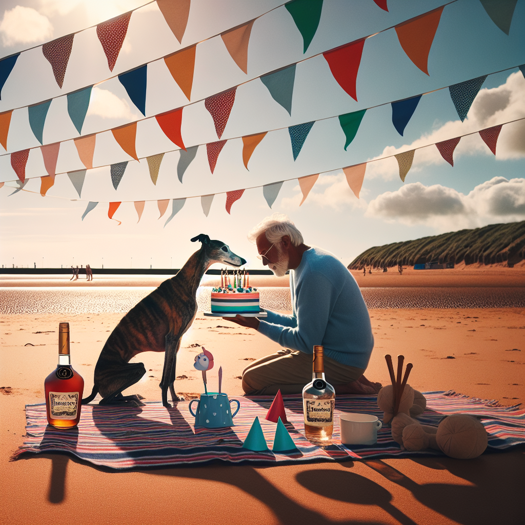 Dad, Greyhound, Hennesey , Mablethorpe, and Beach Birthday Card