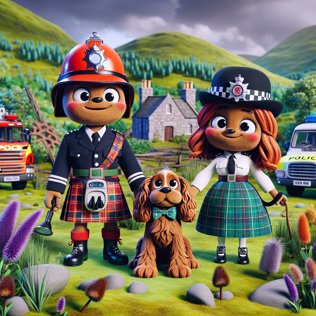 A fantastical animation set in the Scottish Highlands brimming with lush green vegetation sets the backdrop for an adorable wedding scene. A male firefighter wearing a traditional Scottish kilt and sporting a disproportionately large fire hose is standing next to a female police officer; her uniform is humorously accessorised with a comically oversized walkie-talkie. Their brown cocker spaniel, animated with big, adoring eyes, wears a tartan bow tie that matches his owner's tartan kilts. Scattered around the area are animated caricature representations of Scottish symbols, like thistles and bagpipes. A fire truck and police car have been personified, carrying cheerful expressions, adding to the whimsical charm of the scene by parking in the backdrop.
Generated with these themes: Scottish firefighter marrying Scottish police officer with brown cocker spaniel , and Scottish highlands .
Made with ❤️ by AI.