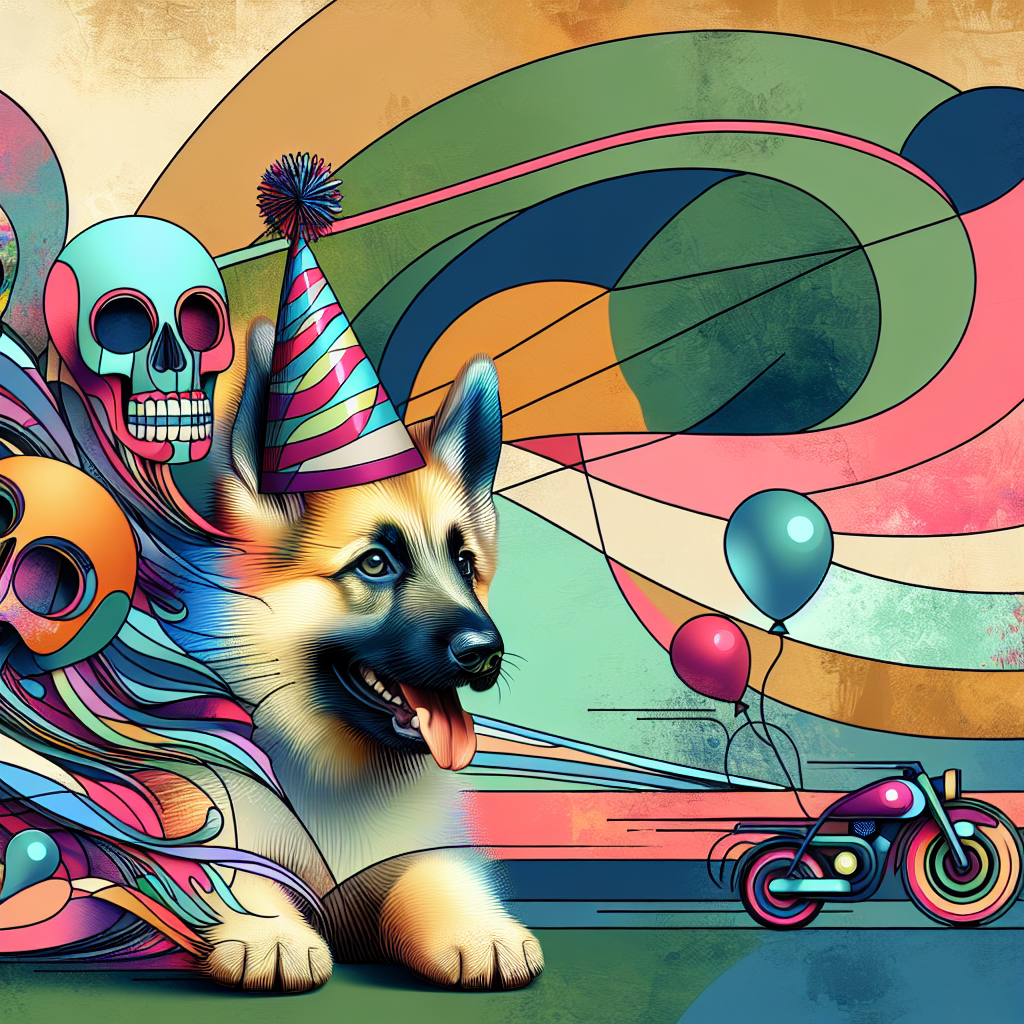 Create an image of a whimsical birthday celebration featuring an adorable German shepherd as the centerpiece, wearing a cute little party hat. The backdrop is abstract and teeming with a blend of bold and soft colors, adding a vivacious touch. This joyful scene takes an unexpected twist with the incorporation of pastel-colored, playful skull designs integrated seamlessly within the composition. A sense of movement and thrill is implied by the winding lines and geometrical shapes that subtly coalesce into the abstract representation of a motorcycle rushing across the scene. This uniquely designed landscape sets the stage for engaging and intriguing edgy birthday festivities.
Generated with these themes: German shepherd , Motorcycle , and Skulls .
Made with ❤️ by AI.