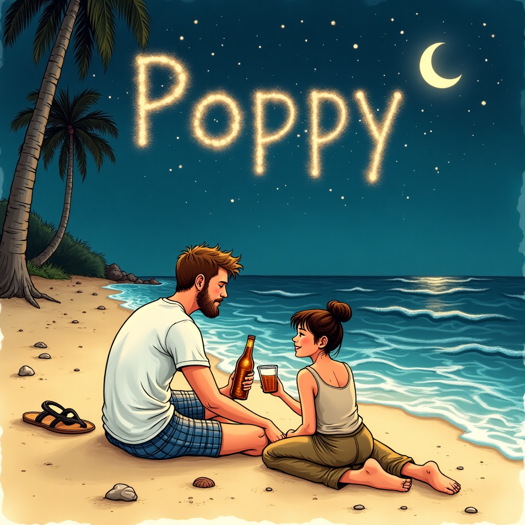 Young english male in tshirt and shorts with short brown beard and asian female in trousers sitting on beach at night drinking beer looking into each others eyes, and Female is asking question Valentines-day Card