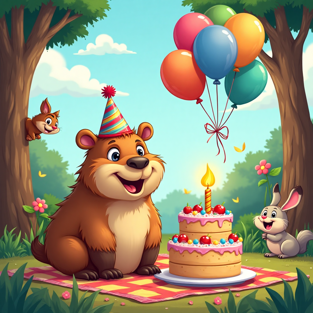 Capybara with birthday cake and ballons, and Birthday Card
