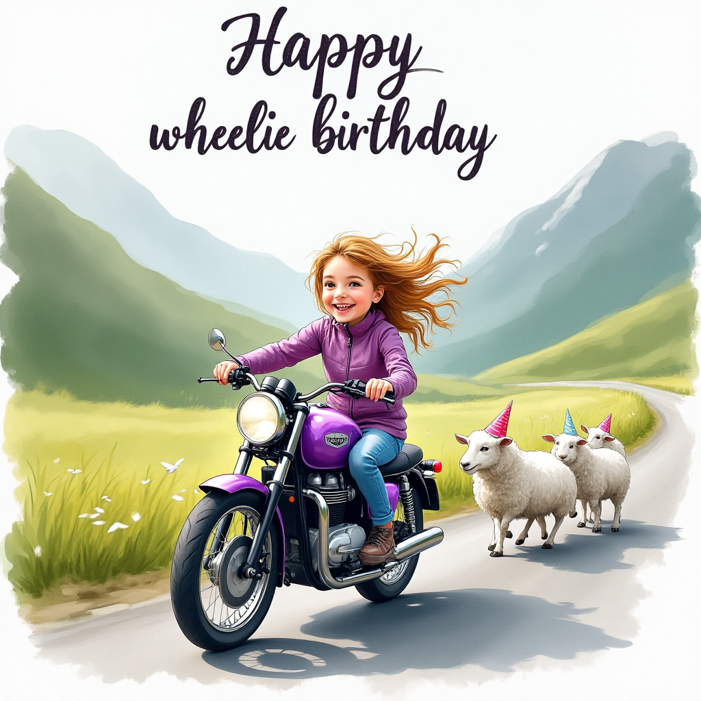 Birthday girl on purple Triumph motorcycle in Scotland, and Birthday Card