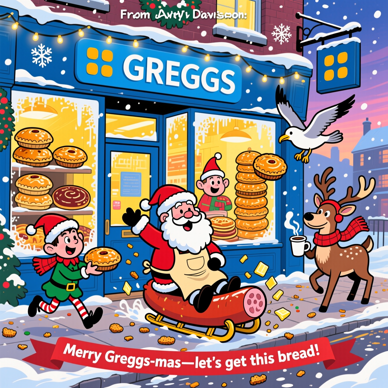 At the top of the Cartoon Style image, "From Andy Davison 😂"

Playful, funny Christmas cartoon scene outside a snowy Greggs bakery at dusk: exaggerated, bouncy characters with thick black outlines and bright saturated colors. A cozy blue shopfront glows warm yellow through frosty windows piled high with Festive Bakes, mince pies, and towering stacks of golden sausage rolls wearing tiny Santa hats. Santa (round and jolly, baker’s apron flapping) toboggans past on a giant sausage roll, spraying buttery crumbs like snow. Hyperactive elves in puffed coats juggle steaming bakes while a cheeky scarf-wearing seagull dive-bombs to nab a pastry. A reindeer in earmuffs sips a hot coffee, foam moustache curling. Fairy lights twinkle across the sign, snowflakes sparkle like sugar, and the pavement is sprinkled with breadcrumb “confetti.” Vibrant cobalt blues, candy reds, buttery golds, and icy whites; energetic poses, big expressive faces, glossy cartoon shading, and a cozy winter glow.

Small text addition that enhances the image:
- On a festive ribbon/banner near the bottom, one short line: "Merry Greggs-mas—let’s get this bread!"
Generated with these themes: Greggs , and .
Made with ❤️ by AI.