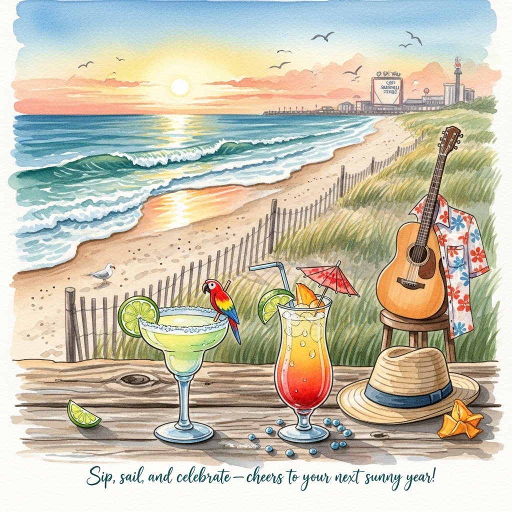 Watercolor, portrait orientation, sincere and sun-warmed mood: a golden-hour Hampton Beach scene with soft Atlantic waves lapping the shore, airy sky with delicate gradients, subtle gulls, and distant, softly suggested boardwalk buildings and the Seashell Stage silhouette. Foreground vignette: a weathered driftwood beach bar counter with a salt-rimmed margarita (lime wedge, tiny parrot-shaped stirrer), a tall island cocktail with a paper umbrella, beads of condensation, a straw Panama hat, and an acoustic guitar leaning against a stool with a floral shirt draped—gentle Jimmy Buffett–inspired coastal vibe, no people. Beach grass and a low dune fence lead the eye to the ocean; reflections shimmer on wet sand. Soft watercolor washes, wet-on-wet blends, delicate pigment blooms/backruns, light granulation, and natural cold-pressed paper texture visible; transparent layered color palette of seafoam, cerulean, teal, sandy beige, warm coral, and mango, with soft dry-brush highlights on foam. Keep edges loose and organic, no hard outlines, no logos. Include one small line of hand-painted brush lettering at the bottom center in deep teal with a gentle watercolor bleed: “Sip, sail, and celebrate—cheers to your next sunny year!”
Generated with these themes: Jimmy buffett, Hampton beach, ocean, drinks, , and .
Made with ❤️ by AI.