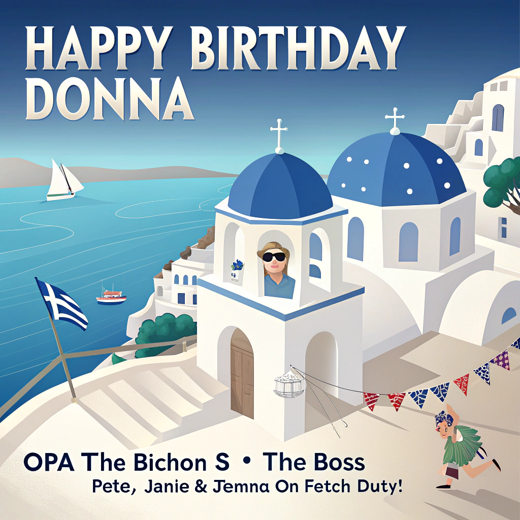 Bichon frise, Santorini, Pete, Jamie, Jemma, and Birthday Card