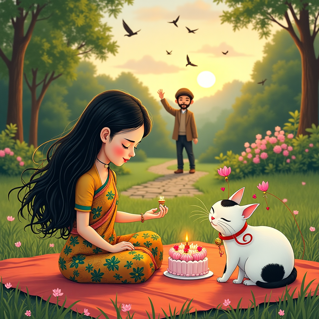 In the foreground of the card, imagine a sunlit Thai garden scene, where a beautifully detailed Thai girl with long, flowing black hair is sitting cross-legged on a picnic blanket. Her traditional attire, vibrant with colors like gold, deep red, and emerald green, glistens in the gentle sunlight. The intricate patterns on her dress echo the artistry of Beatrix Potter's attention to detail.

Next to her, a whimsical white cat with black and ginger patches lounges gracefully, a shiny red collar with a small bell glinting in the light, reminiscent of the expressive, playful style of Quentin Blake. The cat seems to be playfully batting at a small cupcake on the picnic blanket, which is adorned with pastel pink frosting and a single lit candle.

Behind them, a small birthday cake on a pedestal stands as the centerpiece of the gathering. The cake is decorated with delicate sugar lotus flowers in shades of pink and white, a nod to traditional Thai designs. In a playful touch, the cake's banner reads "Poppy" in elegant, looping letters, perhaps fluttering slightly in the breeze.

In the distance, an English countryside is faintly visible. Here, an Englishman with a neatly trimmed brown beard stands, waving joyfully from a quaint, cobblestone path. His attire—a tweed jacket and flat cap—adds a touch of Edward Gorey’s style. His connection to the Thai girl is hinted at by a vibrant red string, symbolizing their long-distance relationship, gently threading from his hand to hers, weaving through the scene like a subtle, connecting thread.

The background, reminiscent of Maxfield Parrish's serene landscapes, is awash with the soft hues of twilight, with lush green trees framing the scene and a sky painted in gentle lavenders and golds as the sun sets on the horizon. A flock of birds, drawn in delicate, intricate lines, flutters through the sky, giving the card a sense of whimsical movement.

Each element comes together in a richly detailed tapestry, capturing a moment of joyful connection and celebration, perfect for a heartfelt birthday greeting card.
Generated with these themes: Thai girl long black hair, White ginger and black cat with red collar bell, and Long distance relationship with English man with brown beard.
Made with ❤️ by AI.
