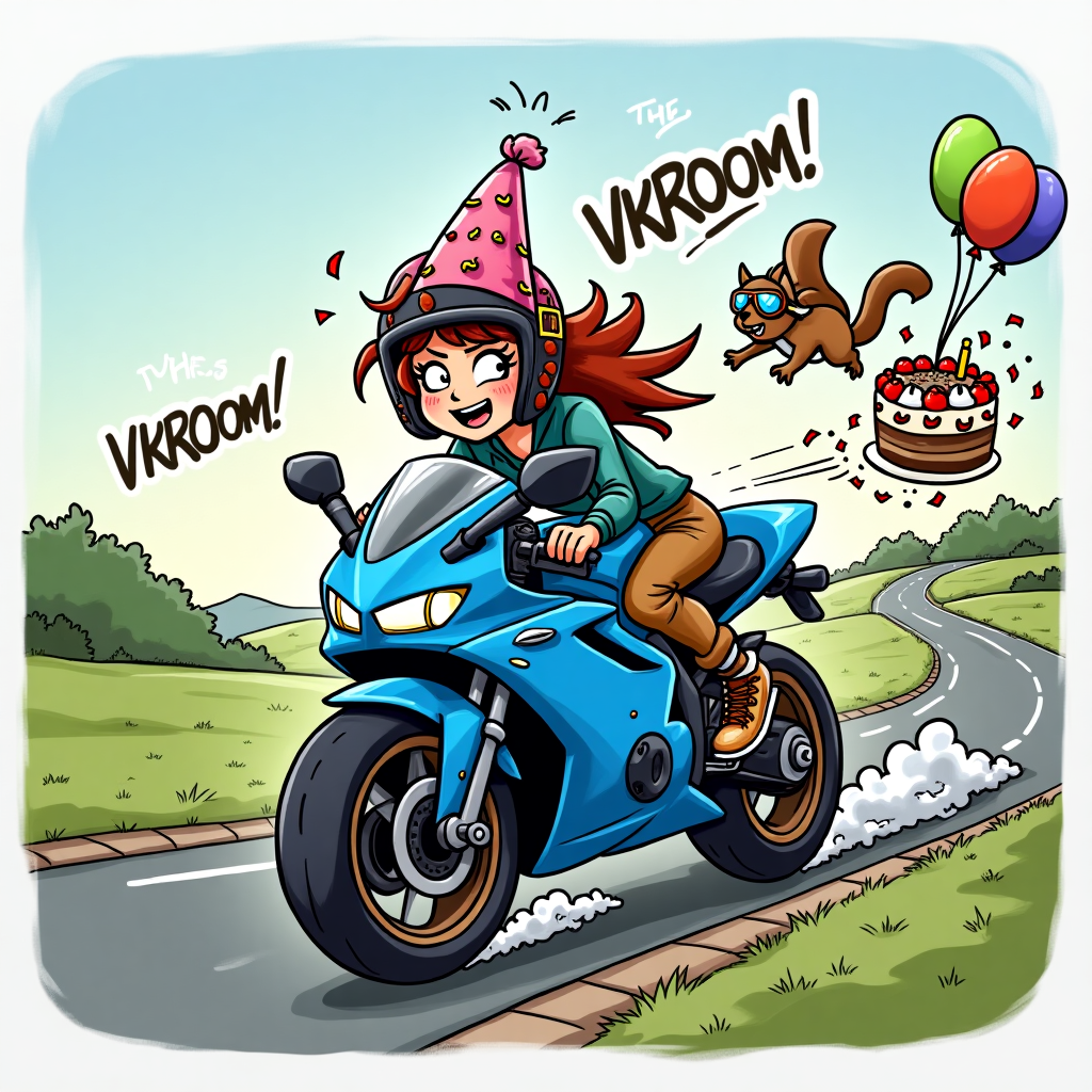 **Prompt:**

At the top of the cartoon image, *"Myri's Birthday? Time to Ride Like We Stole the Cake!"*

A funny cartoon scene of a blue R1 motorcycle zooming down a twisty road at cartoonish speed, with Myri—a girl with brownish red hair wildly flowing out from under a slightly-too-big motorcycle helmet—clinging to the handlebars, grinning like a birthday maniac. Confetti trails from the exhaust pipe, and a half-eaten birthday cake is strapped precariously to the back seat, wobbling dangerously. Balloons are tied to the side mirrors, and a panicked squirrel wearing tiny aviator goggles dives out of the way. The background shows a birthday banner being torn in two as Myri races through it. Exaggerated cartoon motion lines and absurd sound effects like “VRROOOM!” and “CAKE-LAUNCH!” add to the hilarity.
Generated with these themes: Blue R1 motorcycle, and Girl with brownish redhair and a helmet.
Made with ❤️ by AI.