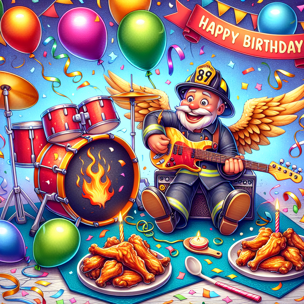 A whimsical birthday illustration set in a vivid scene. A drum set takes center stage, decorated with a mix of vibrant balloons and fluttering confetti. A jolly cartoon character of a fireman, of Hispanic descent, is positioned close by, cradling a rock-themed guitar that is subtly accented with a flame pattern. Strewn across this festive scene are plates brimming with delicious chicken wings, contributing an unexpected, but irresistibly tempting element to the celebratory atmosphere.
Generated with these themes: Drums, Fireman, Rock, and Chicken wings.
Made with ❤️ by AI.