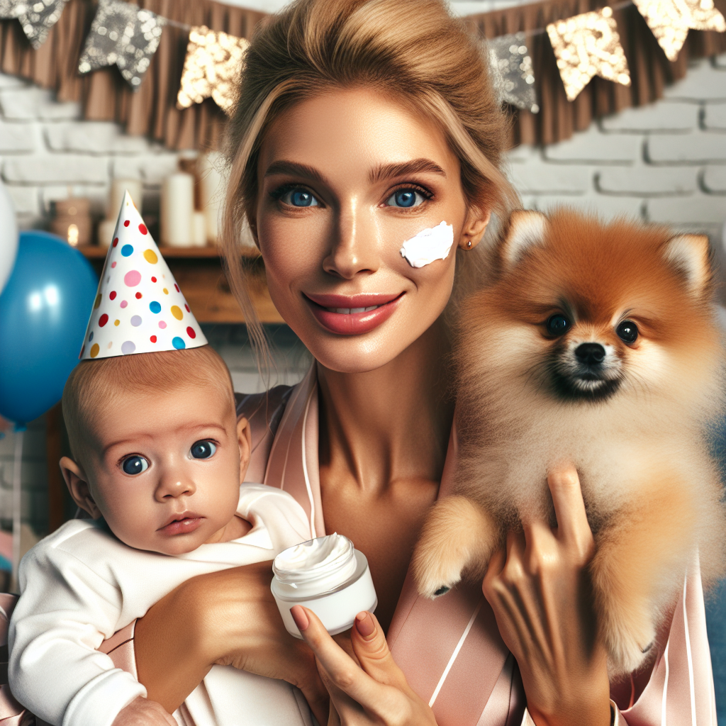 Envision a birthday-themed scene where a Caucasian female adult with blonde hair is smartly dressed in party-themed attire. She stands next to a baby with trace of skincare cream on the cheek, indicating the meticulous care she bestows. On the side, a Pomeranian dog is playfully dressed in a tiny, amusing birthday cap, looking up at the woman with profound loyalty evident in its eyes. The backdrop is decorated abundantly with party decorations, creating an atmosphere of warm, family-centered celebration.
Generated with these themes: Her baby, Skincare , Pomeranian , and Blonde hair.
Made with ❤️ by AI.