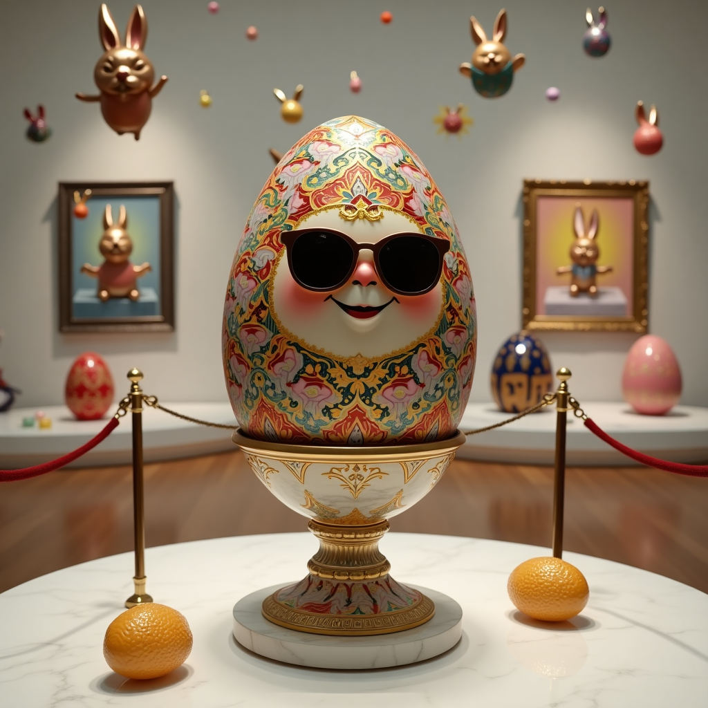 **Image Prompt:**  
A hyper-realistic photograph of an elaborate Ukrainian pysanka egg, ornately decorated with intricate gold and jewel-toned traditional patterns, sitting like a crown jewel in a comically oversized, baroque-style egg cup pedestal made of marble and gold. The egg wears tiny designer sunglasses, and a mischievous smile is subtly painted into the design. Behind it, a surreal modern art gallery space features abstract Easter bunny sculptures made of chrome and gummy bears, floating pastel jellybeans suspended in midair, and framed paintings of eggs doing yoga poses. Soft museum lighting and a velvet rope give the egg the aura of a ridiculous celebrity at an avant-garde exhibit.
Generated with these themes: elaborate Ukrainian egg sitting in an ornate base in a surreal modern art backdrop.
Made with ❤️ by AI.