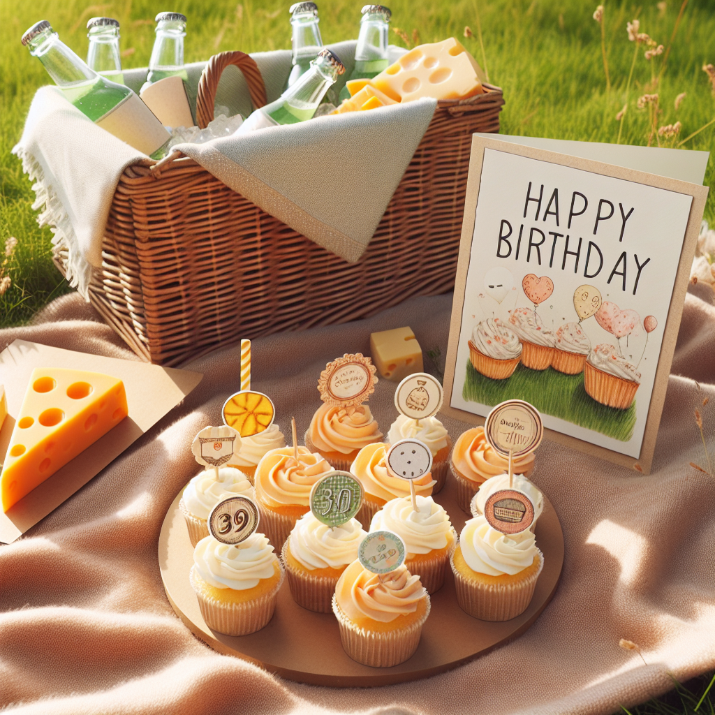 A delightful and warm birthday setting featuring a picnic setup on a bright patch of grass. There's a soft blanket spread out, on top of which is a handmade birthday card with drawings of generic soda bottles and round mini cheeses. A picnic basket nearby is brimming with snacks, including mini wheels of cheese designed as adorable cupcake toppings, and small soda bottles cooling in a bucket filled with ice, all set up for a joyful birthday festivity.
Generated with these themes: Pepsi, and Babybel.
Made with ❤️ by AI.