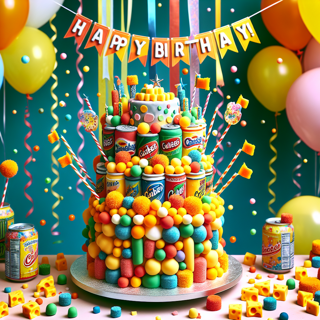 An image of a bright and playful birthday centerpiece, created with a sense of whimsy. There's a festive table laden with various party elements, situated below a waterfall of multi-colored balloons and streamers. In the midst of the table, a substantial birthday cake takes center stage, with small edible replicas of soda cans as decorative cake toppers. A merry banner unfurls above the cake, bearing the message 'Happy Birthday!'. Dotting the table's surface around the cake, tiny cheese snacks in the shape of spheres can be seen, some of which are half-unwrapped, infusing a fun feel to the scrumptious scene.
Generated with these themes: Pepsi, and Babybel.
Made with ❤️ by AI.
