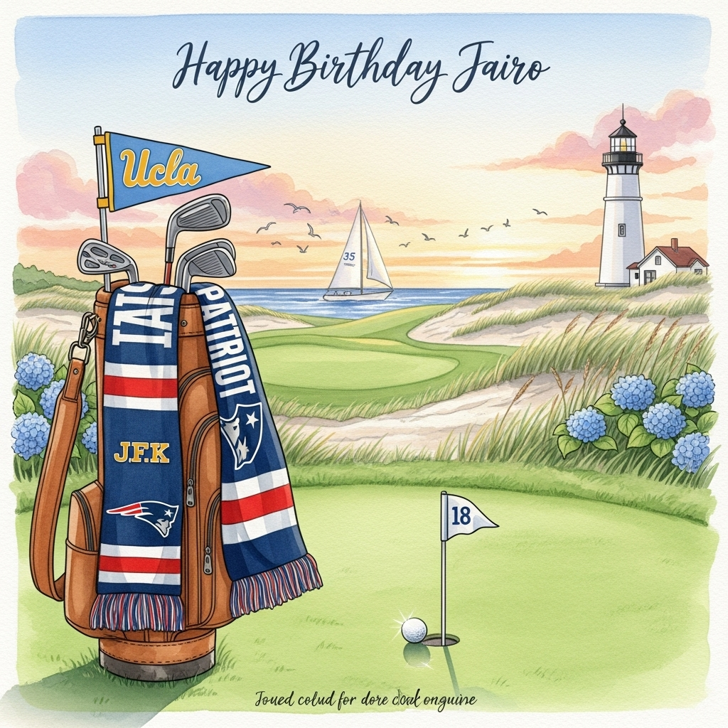 At the top of the Watercolor Style image, hand-lettered in soft UCLA-blue-to-gold brush script: "Happy Birthday Jairo"

A sincere, airy watercolor scene at golden hour on a coastal New England golf green: in the foreground, a vintage tan leather golf bag leans beside the 18th hole; a blue-and-gold UCLA pennant flutters from the strap, and a navy–red–silver New England Patriots scarf with subtle stars and stripes (no logos) is draped over the clubs. A small enamel pin on the strap reads "JFK." A pearly golf ball rests near the cup, with soft reflected light.

Midground: rolling emerald fairway fading into pale sand dunes tufted with beach grass and blue hydrangeas; to the right, a classic white lighthouse with a navy cap, softly edged and sun-kissed.

Background: calm Atlantic water with a graceful white sloop gliding past, the mainsail marked with a subtle “35” as a nod to John F. Kennedy; seabirds sweep across a luminous sky.

Style and mood: soft watercolor washes, delicate gradients, wet-on-wet sky in peach, lavender, and ultramarine; subtle pigment blooms in clouds and foliage; gentle dry-brush textures in the grass; natural cold-press paper grain visible; no hard outlines; warm, heartfelt, optimistic tone.

Lighting: warm low sun casting long, tender shadows; a quiet sea breeze suggested by the fluttering pennant and scarf.

Palette: UCLA blues and golds harmonized with Patriots navy, red, and silver, grounded by coastal greens and sandy neutrals.

At the bottom in small, warm gray handwritten text, a single short line: "From Westwood swings to Pats rings—cheers to a winning year!"
Generated with these themes: UCLA, Golf, The New England Patriots, John F. Kennedy, and .
Made with ❤️ by AI.