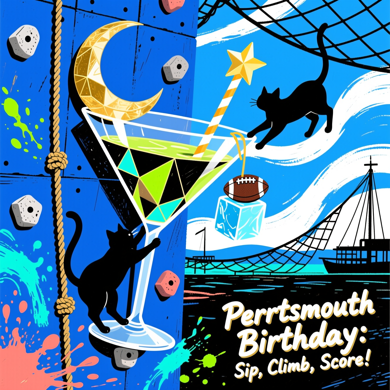 Bold abstract, funny composition in deep Pompey blue: a giant geometric cocktail glass built from climbing-wall polygons and chalky holds, rimmed by a golden crescent with a bright star as the garnish (subtle Portsmouth nod). Black-and-white cat silhouettes with angular tails scramble up ropes and holds, one dangling from a striped straw, another perched on a football-textured “ice cube.” Fluid wave curves suggest the harbor; crisp pitch lines and net patterns arc through the scene. High-contrast palette and dynamic brush-stroke textures, paint splashes, and inky motion lines; neon lime, coral, and electric cyan accents over royal blue, white, black, and gold. Keep it expressive, modern, and non-photoreal, with bold geometric shapes and energetic curves, full-bleed.

Include a small, cheeky caption, bottom-right, in bold hand-painted lettering (white with a thin gold outline for legibility):
Purrtsmouth Birthday: Sip, Climb, Score!
Generated with these themes: Portsmouth Football club, Black & white cats, Cocktails, climbing, and .
Made with ❤️ by AI.