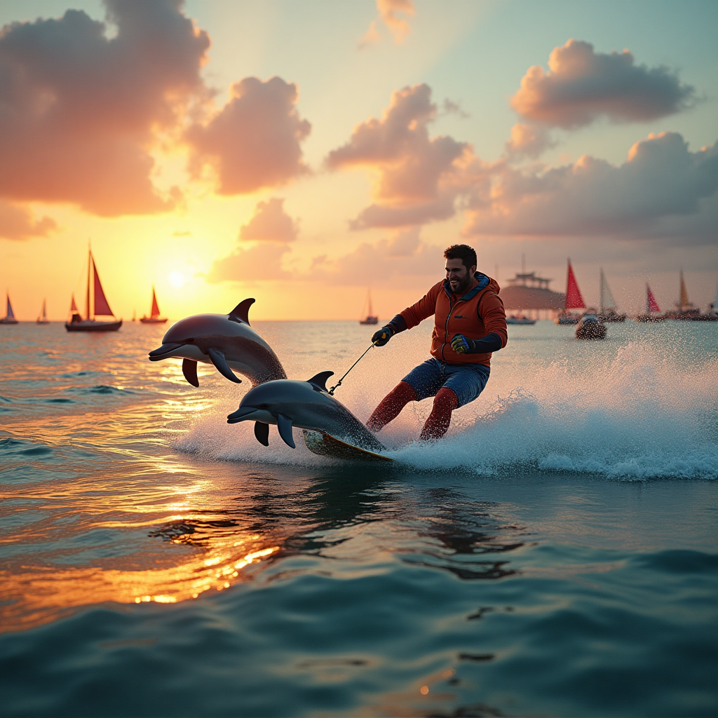 At the top of the Photorealistic picture taken from a camera image, the text reads: "Thank you"

---

**Image Prompt:**

Capture an ultra-high-definition 4K UHD photograph of a whimsical and humorous scene: A man joyfully skiing on the ocean, being towed by two enthusiastic dolphins. The dolphins leap gracefully through the water, their sleek bodies shimmering in the golden glow of a vibrant sunset. In the background, an array of colorful boats dot the horizon, some with sails billowing in the gentle sea breeze. The sky is a mesmerizing blend of warm oranges and purples as the sun dips below the horizon, casting a magical light on the water's surface. The man, clad in a comically oversized ski suit, beams with exhilaration, embodying the playful spirit of gratitude. The scene is filled with realistic textures, accurate lighting, and rich depth of field to create a true-to-life and entertaining image, perfect for a funny thank-you card.
Generated with these themes: Man skiing in the back of two dolphins , Boats, sunset, and .
Made with ❤️ by AI.