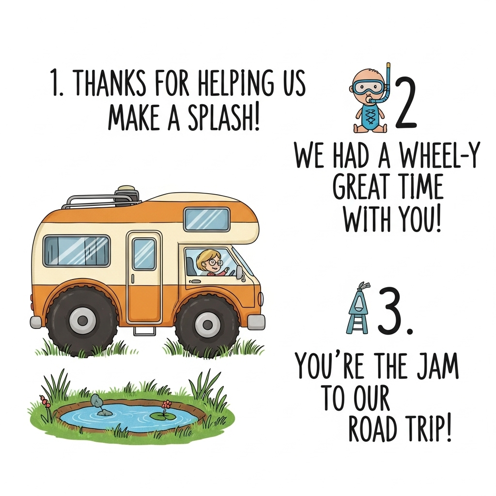 Here’s your image prompt for the funny, cartoon-style thank-you card:  

---

**Prompt:**  
A playful, cartoon-style scene of a bright, cheerful camper van with comically oversized wheels and wobbly proportions, zooming down a sunny countryside road. The van is crammed full of happy, exaggerated cartoon animals and characters leaning out of the windows, waving and throwing colorful confetti in the air. On the roof, there’s an absurdly large stack of luggage tied down with a ridiculously long rope, with items like a giant teapot, a beach ball, and a rubber duck wobbling precariously. The sky is bright blue with big, puffy clouds shaped like hearts. In bold, chunky, hand-drawn lettering across the top: **"Thanks for Coming Along for the Ride!"**. Colors are vivid and saturated, with thick black outlines and a lively, energetic, cartoonish feel.  

---

Do you want me to also give you **three alternative funny/punny text captions** you could swap in for this scene? That way you can choose your favorite.
Generated with these themes: Camper Van, and .
Made with ❤️ by AI.