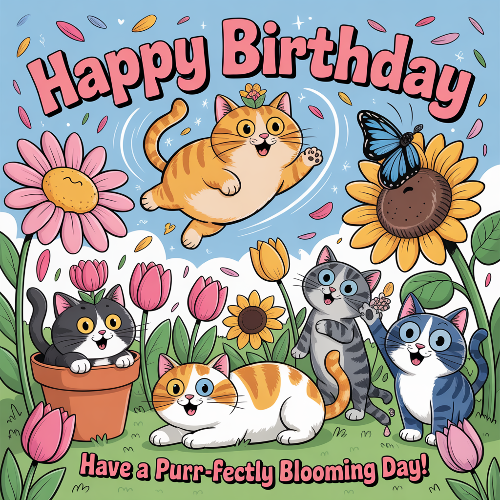 At the top of the Cartoon Style image, "Happy Birthday"

At the bottom of the image, "Have a purr-fectly blooming day!"

Create a cute, playful Cartoon Style scene in a sunlit garden bursting with oversized daisies, tulips, and sunflowers. Center stage: a pile of five adorable cats with exaggerated proportions, thick outlines, and bright saturated colors. A chubby orange tabby bounds through the air trailing petals; a tuxedo cat peeks from a terra-cotta flowerpot wearing a tulip crown; a gray tabby bats at a butterfly perched on a sunflower; a calico rolls belly-up in a bed of blossoms; a blue-eyed Siamese hugs a giant sunflower stalk. Petals and paw-shaped confetti swirl around them in energetic arcs. Keep the palette vivid (bubblegum pinks, sunny yellows, mint greens, sky blues, lavender) with glossy highlights and whimsical sparkle details. Make the headline the star: big, bouncy bubble letters with thick outlines and a soft drop shadow, sprinkled with tiny paw and flower doodles. Place the punch-line along a leafy ribbon banner at the bottom, bold and crisp for easy readability. Clean sky-gradient background for contrast, no clutter near the text.
Generated with these themes: Flowers cats, and .
Made with ❤️ by AI.