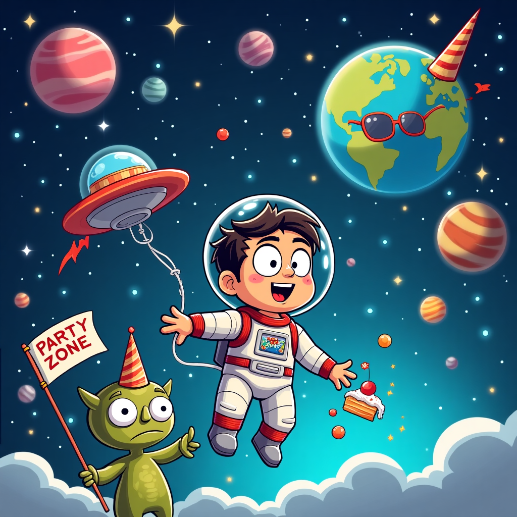 **Image Prompt:**

At the top of the cartoon image: *“Aarush, hope your birthday is out of this world (just like your gas after cake)!”*

A cartoon-style outer space scene with a bright, star-speckled background and planets of all colors floating around. In the foreground, a goofy-looking astronaut version of Aarush is floating upside down, tangled in his own space tether. He's holding a slice of birthday cake in zero gravity, with the frosting floating around like tiny asteroids. Next to him, a grumpy alien with party hats on all its eyes holds a deflated balloon, while a UFO flies past dragging a glittery “Party Zone” banner behind it. In the background, Earth wears sunglasses and a party horn sticks out of its North Pole.
Generated with these themes: Space.
Made with ❤️ by AI.