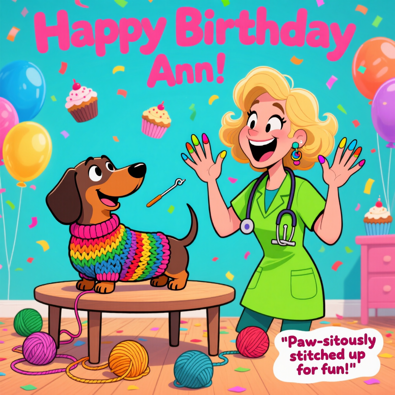 Crochet, Miniature dachshund in a jumper, Green doctors tunic, Blond hair, Manicure, and Birthday Card