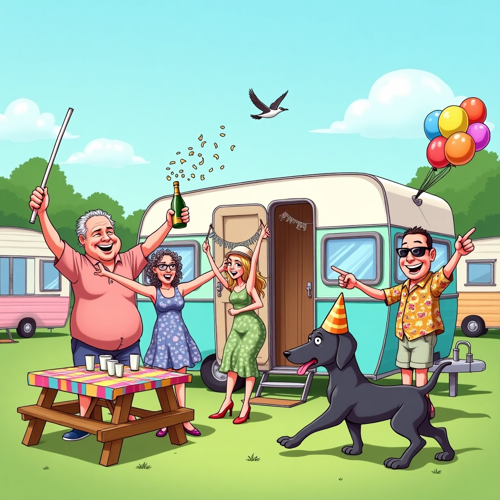 60 year old man, overweight and bald with a white stick, 60 year old woman, overweight, grey hair, 33 year old woman,  long blond hair , 30 year old man, Dark grey labrador, smiling, A caravan holiday, and Champagne Congratulations Card