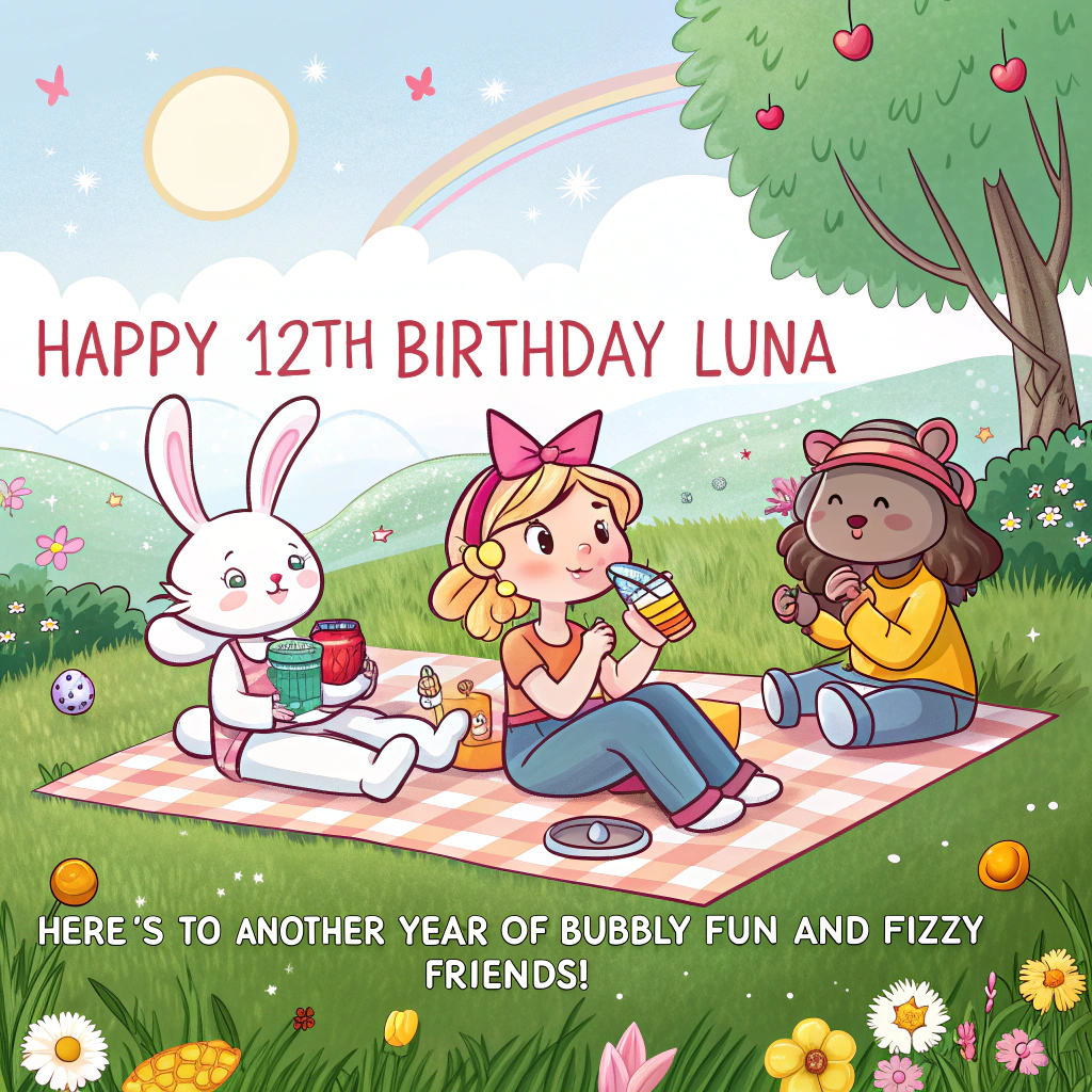 At the top of the image, "Happy 12th Birthday Luna":

In the center of the image, illustrate a whimsical scene of Luna and friends enjoying a picnic. They're lounging on a sunny meadow blanket, surrounded by blooming flowers and colorful confetti fluttering around. Each friend is sipping on a cold Dr Pepper while playfully applying makeup on each other.

At the bottom of the image, add the playful line, "Here's to another year of bubbly fun and fizzy friends!"
Generated with these themes: Dr Pepper , Dr pepper, Picnic , Friends , Sun, Flowers, Makeup , Confetti , and .
Made with ❤️ by AI.