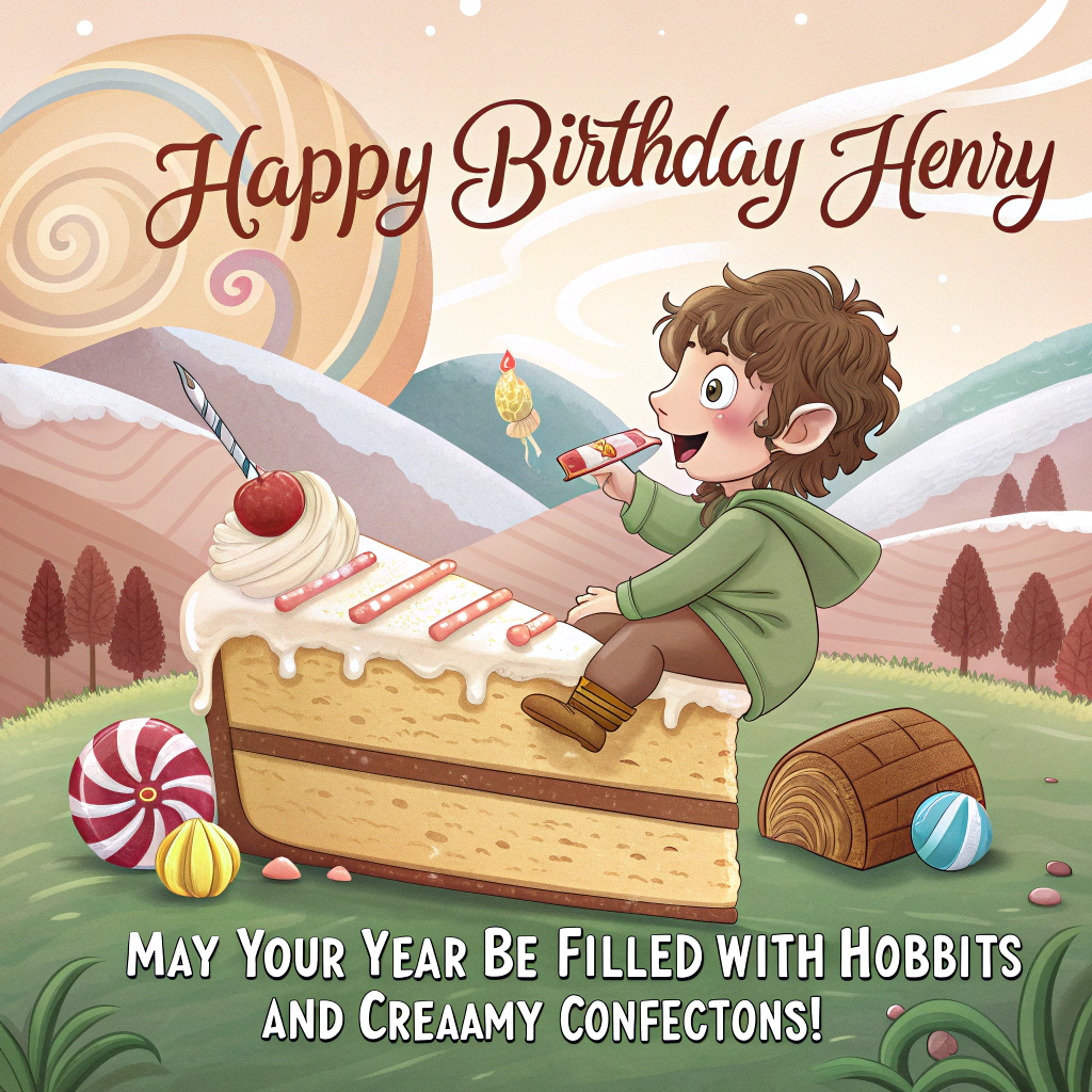 At the top of the image, "Happy Birthday Henry":

At the bottom of the image, "May Your Year Be Filled with Hobbits and Creamy Confections!"

- Illustrate a whimsical scene where a hobbit is merrily sitting on a giant slice of cake, surrounded by tiny surreal landscapes. His feet are dangling happily as he takes a big, delightful bite, and the cake seems to melt into the dreamy horizon. The background features rolling hills that look like swirls of frosting and candy-trees that defy gravity.
Generated with these themes: Hobbit, Eating cake, and .
Made with ❤️ by AI.
