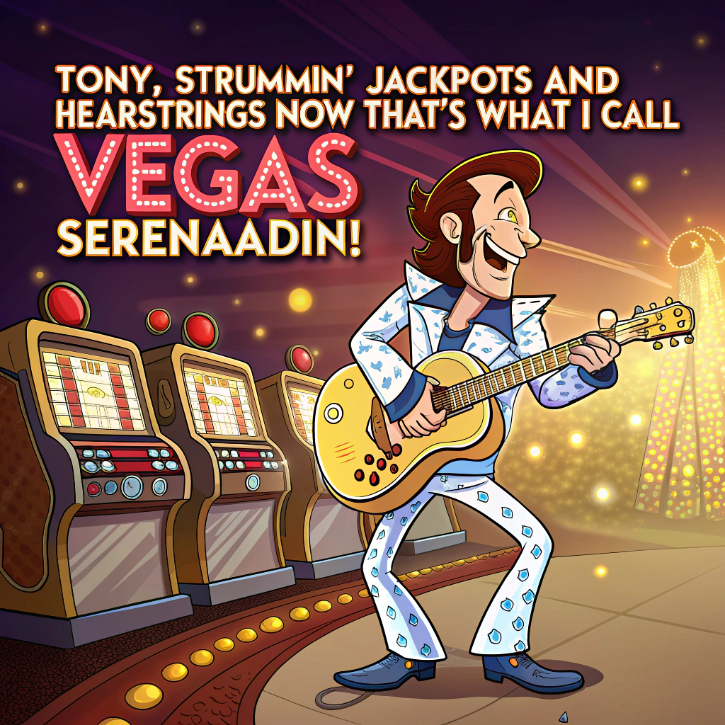 At the top of the image, "Tony, strummin' jackpots and heartstrings — now that’s what I call Vegas serenadin’!"

- In the center of the image, depict a cartoon scene set in a dazzling Las Vegas casino full of sparkling lights, oversized slot machines, and neon signs.
- Tony is drawn as a cheerful cartoon man with brunette hair and a goatee, wearing a flashy Elvis-inspired jumpsuit. He’s rocking out on a glittery electric guitar, one foot up on a slot machine that's spitting out golden coins.
- A red-haired cartoon woman in a sparkly red cocktail dress clings to his arm, swooning with exaggerated hearts in her eyes.
- Around them, anthropomorphic casino chips, playing cards, and dice cheer him on with little cartoon faces, wearing party hats and holding tiny "Happy Birthday!" banners.
- In the background, a cheeky marquee sign flashes: "LIVE TONIGHT: TONY’S BIRTHDAY BONANZA!"

- Add at the bottom of the image, “May your year hit the jackpot in love, laughs, and loud guitar solos!”
Generated with these themes: Man with brunette hair and goatee facial hair playing the guitar in Las Vegas casino with a red hair woman on his arm, and .
Made with ❤️ by AI.