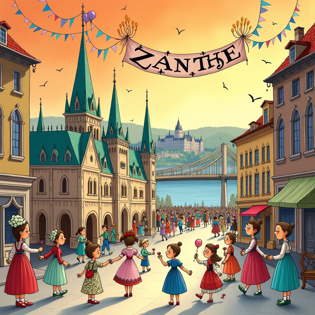 **Front Cover Illustration Description:**

Imagine the vibrant streets of Budapest transformed into a whimsical birthday celebration. The scene is bustling with intricate, hand-drawn details, reminiscent of a fusion between the elegance of Aubrey Beardsley and the playful energy of Quentin Blake.

**Foreground:**
In the forefront, there's a grand birthday cake shaped like the famous Hungarian Parliament Building, its spires made of colorful marzipan. The cake is detailed with sugar-craft windows and doors, each one an invitation to peek into a sugary surprise. The frosting is a vivid array of Budapest's signature pastel hues: mint green, blush pink, and soft lavender. Candles atop each spire flicker with tiny, golden flames.

**Middle Ground:**
A parade of characters inspired by Maurice Sendak meander through the streets, wearing traditional Hungarian costumes adorned with exaggerated, Beatrix Potter-style floral patterns. Each figure holds a balloon. The balloons float whimsically upward in a spectrum of colors: azure blue, ruby red, and sunflower yellow.

A decorative banner arcs overhead, crossing from one side of the street to the other. Its fabric appears richly textured, reminiscent of a tapestry with golden threads woven through. In bold, playful script, the name "ZANTHE" is inscribed on the banner, surrounded by swirling, ornate embellishments that echo the style of Edward Gorey.

**Background:**
The backdrop features the iconic Chain Bridge stretching across the Danube River. The bridge is festooned with colorful bunting, waving in an imagined breeze. Detailed in Arthur Rackham's meticulous line work, the bridge's chains and lampposts are intricately rendered, contrasting with the gentle, watercolor wash of Maxfield Parrish-like sunset skies. The sky is a dreamy gradient of tangerine fading into indigo, speckled with twinkling stars.

In the distance, Buda Castle rises on a hill, painted in a soft, ethereal glow as if touched by Gustave Doré's imaginative lighting, giving the whole scene an almost fairy-tale atmosphere.

This birthday-themed celebration in Budapest captures the quirky, joyful spirit of the occasion with a touch of artistic homage to the masters, creating a greeting card that is a visual delight from every angle.
Generated with these themes: Celebration in Budapest.
Made with ❤️ by AI.