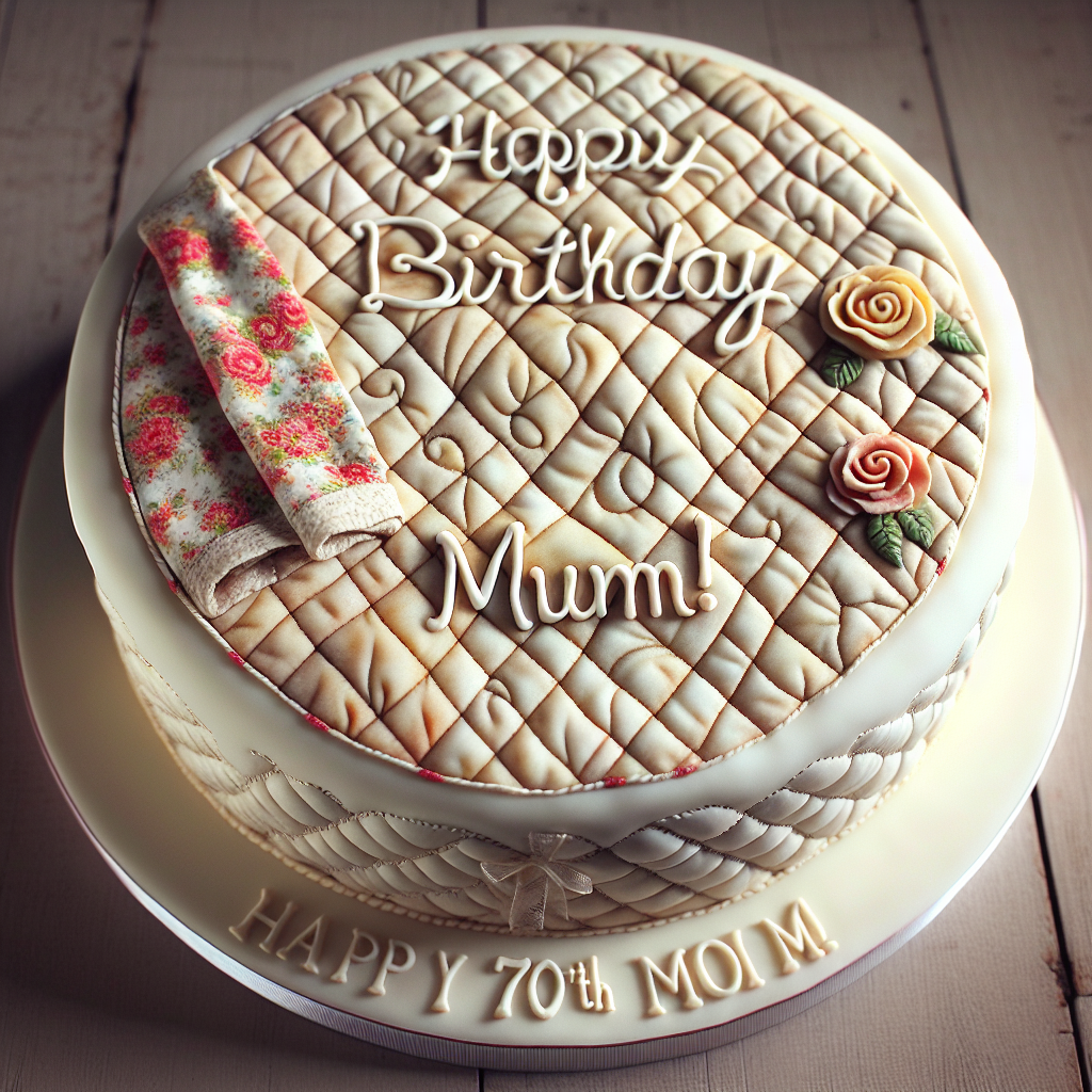 A thoughtful and beautifully detailed depiction of a memorable 70th birthday celebration. In the heart of the image lies a quilt-patterned cake, masterfully decorated to mimic the appearance of soft fabric, topped off with a sentimental message reading 'Happy Birthday Mum!' in delicate cursive font. The texture of the quilt on the cake imparts a sense of homely warmth, evoking the impression of a hand-stitched blanket, embodying years of love and nurturing.
Generated with these themes: 70th birthday, Quilted cake, and Happy Birthday Mum! .
Made with ❤️ by AI.