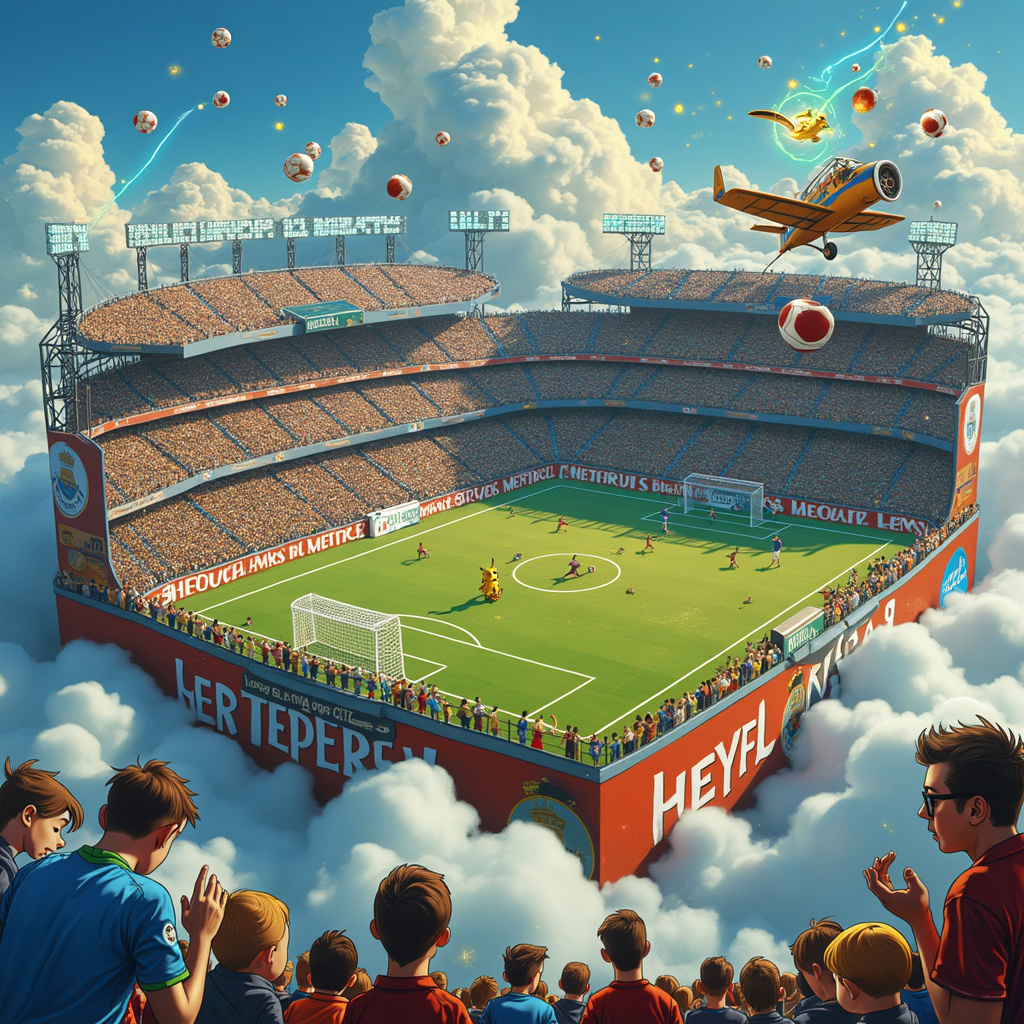 Picture a vivid and bustling scene set in a fantastical soccer stadium floating in mid-air, nestled amidst puffy clouds. The stadium is divided into two halves, one side decorated in Real Madrid's white and gold, while the other side flaunts Manchester City's sky blue and navy. The stadium itself is built on top of a gigantic Nutella jar, its label prominently featuring a whimsical illustration of a Beyblade spinning fiercely.

On the Real Madrid side, Astro Boy (in a white Real Madrid jersey) is preparing to take a penalty kick. His robotic eyes focus intently on a pokeball, which substitutes for the soccer ball. Opposite him, standing at the goalpost, Pikachu is dressed in a Manchester City goalkeeper kit, electricity crackling around him as he braces for the shot. Surrounding Pikachu are a variety of other Pokemon, including Charizard and Squirtle, acting as defenders, all donning Manchester City colors.

In the stadium stands, fans are depicted in manga-style, with exaggerated expressions and intricate details, reminiscent of Osamu Tezuka’s work. Charlie Brown and Snoopy are seen munching on slices of bread slathered with Nutella, cheering on from the Real Madrid side, while Calvin and Hobbes, both donning Manchester City scarves, are seen atop a flying carpet zooming over the stadium, inspired by Winsor McCay’s dreamy landscapes.

Floating above the stadium, Beyblades adorned with holographic images of famous soccer players from both teams spin wildly, creating colorful light trails that spell out "Happy Birthday" in multiple languages. Hovering nearby, Tintin and Snowy are flying in a vintage airplane, capturing the spectacle with an old-fashioned camera.

To the side, Gary Larson’s influence is evident in a corner where a quirky, surreal moment unfolds: a group of Nutella jars, anthropomorphized with legs and arms, are engaged in a playful game of soccer with miniature Beyblades as their soccer balls. Their chocolatey insides spill slightly with each kick, creating a delicious mess.

Behind the goalposts, Will Eisner’s touch is visible in the finely detailed cityscape backdrop, blending a mix of European and futuristic architectural styles. The crowd in the stands, drawn in R. Crumb's underground comix style, adds an eclectic and humorous twist to the scene with exaggerated and peculiar characters, each engrossed in the game.

This surreal cartoon birthday scene is a vibrant tapestry of cross-genre whimsy and creativity, ensuring the greeting card will be a visual feast and an unforgettable birthday wish.
Generated with these themes: Real madrid, Manchester city, Soccer, Beyblade, Pokemon, Nutella, and Manga.
Made with ❤️ by AI.