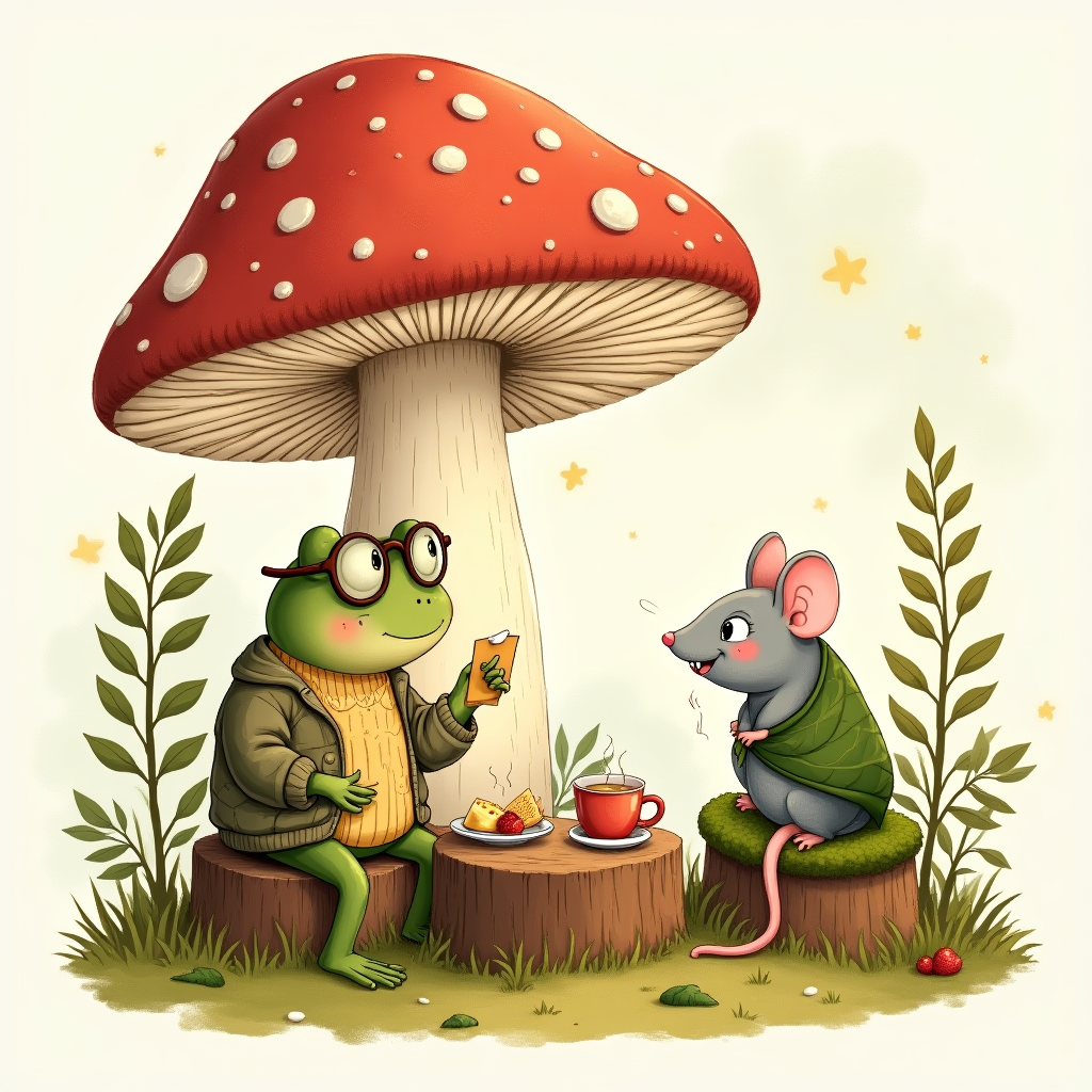 Hand-drawn illustration with fine linework, textured brush strokes, balanced composition, and a warm, expressive color palette. Scene: a cozy woodland “therapy” nook beneath a giant red-and-white mushroom canopy. At center, a gentle frog wearing tiny round glasses and a knitted cardigan sits on a stump, holding a small notepad and offering a leaf-green tissue. Opposite, a small gray rat wrapped in a tiny leaf-blanket perches on a mossy cushion—eyes glistening with a couple of tears while breaking into a shy giggle; subtle teardrops and soft giggle marks. Between them, a stump table with a teapot, steaming cups, and a plate of cute snacks (berries, tiny crackers, a wedge of cheese). Dappled golden light filters through ferns; palette of mossy greens, warm ambers, blush pinks, cream, and toasty browns. The mushroom’s gills arch overhead to frame the characters; background elements kept minimal for a clean, charming, balanced composition. Mood: adorable, tender, comforting, and gently funny. Render with fine pen lines, watercolor-like textures, and subtle paper grain. Include a small hand-lettered caption at the bottom center (one short line): “Thanks for making room under your mush-room.”
Generated with these themes: Rat, Frog, Mushroom, Therapy, Giggling , Snacks , Crying , and .
Made with ❤️ by AI.