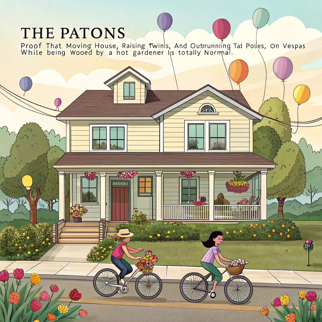 At the top of the image, "THE PATONS — Proof that moving house, raising twins, and outrunning tadpoles on Vespas while being wooed by a hot gardener is totally normal."

- The image shows a lively, sun-drenched suburban street with a brand new house at the center, adorned with balloons, wine glasses clinking on the front porch, and flower baskets swinging from the windows.
- In the foreground, two identical twins zoom by on racing bikes while a little girl in fairy wings tries to skateboard past a line of tadpoles on the pavement.
- A handsome, shirtless gardener waters flowers nearby, smirking toward the house.
- To the side, a chaotic but cheerful scene unfolds: a married couple (The Patons) trying to load a surfboard and bouquet of flowers into a wildly painted minibus, while a Vespa narrowly avoids the mailbox.
- A kite shaped like a house sails high in the sky with a cheeky smile drawn on it.
- All elements are depicted in vibrant, high-resolution realistic photography style with whimsical composition that tells a story in one glance.
Generated with these themes: Kite surfing, Racing bike, Tadpoles, Skateboard, New house, Hot gardener, Minibus, Vespa, Twins, Little girl, Married couple, Wine, and Flowers.
Made with ❤️ by AI.