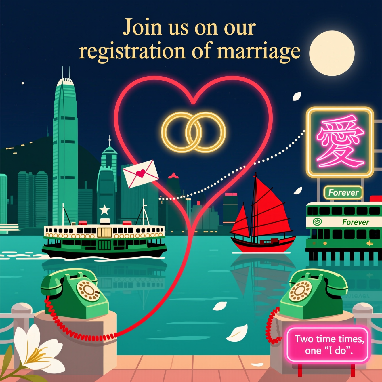 At the top of the Vector Style image, "Join us on our registration of marriage" in warm gold, clean modern sans-serif, centered, slight letterspacing.

- Clean flat-vector art, crisp outlines, solid color blocks, minimal gradients, modern graphic precision; vertical portrait composition.
- Romantic night over Victoria Harbour in a retro Hong Kong palette: deep midnight navy sky, jade green, lacquer red, neon magenta, teal, and soft gold accents.
- Foreground (left and right piers): two vintage jade-green payphones facing each other across the water; a single bright-red cord stretches between them, arching into a large heart shape in the sky, then looping into two interlocking gold rings at the center to symbolize commitment.
- Midground: the Star Ferry gliding across a calm, flat teal harbor; a dotted airmail path drifts above the ferry with a tiny heart-stamped envelope, hinting at long-distance love.
- Background skyline: stylized Bank of China tower, Jardine House’s round windows, Tsim Sha Tsui Clock Tower silhouette; classic red-sailed junk boat to the side; a double-decker tram in jade with a “Forever” route plate.
- Retro neon signage details: soft glow panels, one sign tastefully displaying the Chinese character for love (愛) in neon pink, balanced and legible; thin gold frames around signs.
- Subtle romance: a few white bauhinia petals floating on the breeze; the moon as a soft cream disc; clean reflections on the flat water using simple geometric shapes.
- Small cheeky caption: place “Two time zones, one ‘I do’.” on a tiny retro neon sign near the bottom right pier, in white on magenta with a subtle neon halo, compact and unobtrusive.
- Overall: spacious negative space around the heart-shaped cord and rings; medium-weight outlines; no textures, no photographic elements, minimal shading—pure flat vector elegance and warmth.
Generated with these themes: Long distance relationship , Hong Kong Retro, Love , Commitment , and .
Made with ❤️ by AI.