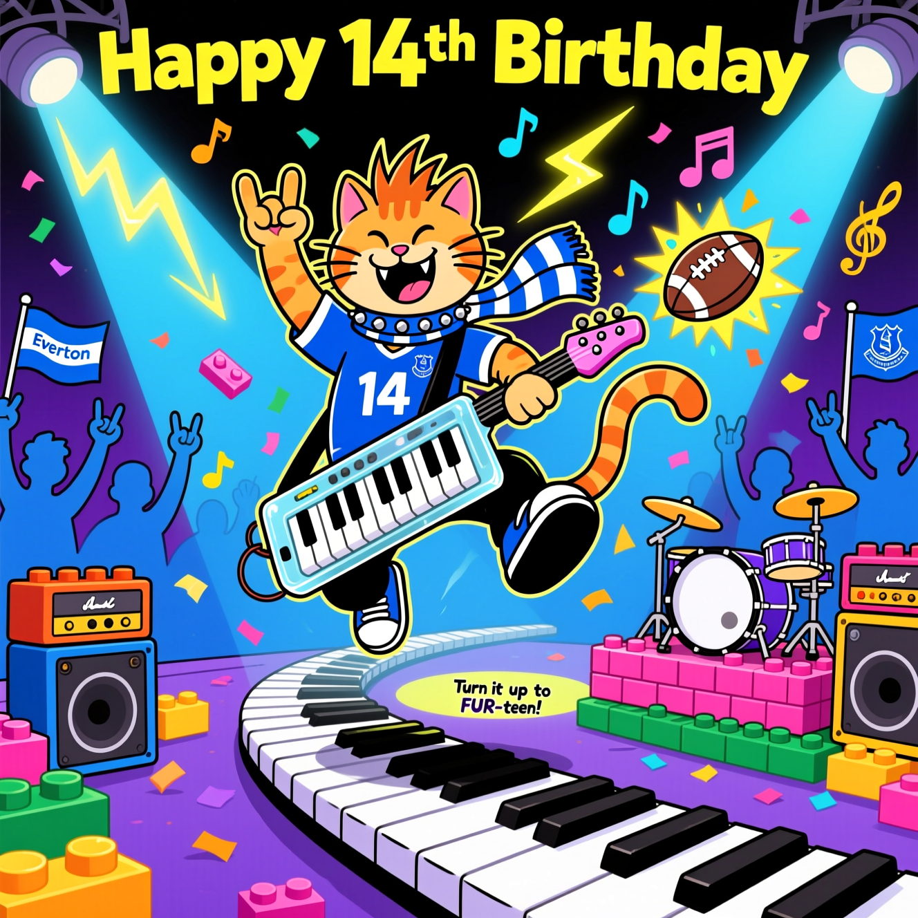 At the top of the Cartoon Style image, Happy 14th Birthday 

Playful, funny cartoon scene with exaggerated proportions, thick black outlines, and bright saturated colors. A headbanging cat rockstar in mid-air jump is center stage: spiky hair, cheeky grin, tiny fang showing, one paw throwing the rock horns. The cat wears an Everton FC–inspired royal-blue jersey with the number 14 and a fluttering blue-and-white striped scarf (no logos or emblems), plus a studded collar for heavy-metal flair.

The cat shreds a lightning-bolt keytar (clearly a musical keyboard) while standing on an oversized wavy piano-key walkway. The entire stage is built from colorful LEGO-style interlocking bricks (no logos), including stackable brick amps and a brick drum riser. Confetti bursts shaped like tiny bricks, music notes, and little footballs fly through electric-blue, purple, and neon-yellow spotlights. A football spins comically on the cat’s tail (curled like a treble clef). The crowd (simplified silhouettes in blue-and-white accessories, no logos) waves flags and flashes rock horns.

Composition and vibe: dynamic low-angle perspective, bouncy shadows, glossy highlights, starbursts, speed lines, and whimsical energy. Dominant palette: Everton blue, white, neon yellow, hot pink, and purple.

At the bottom of the Cartoon Style image, a small cheeky caption on a fun ribbon banner: Turn it up to FUR-teen!

Style notes: playful cartoon characters, thick outlines, energetic poses, family-friendly humor. No brand logos or trademarked emblems; only the two text lines.
Generated with these themes: Heavy metal, musical keyboard, Lego, Everton FC, cat, and .
Made with ❤️ by AI.