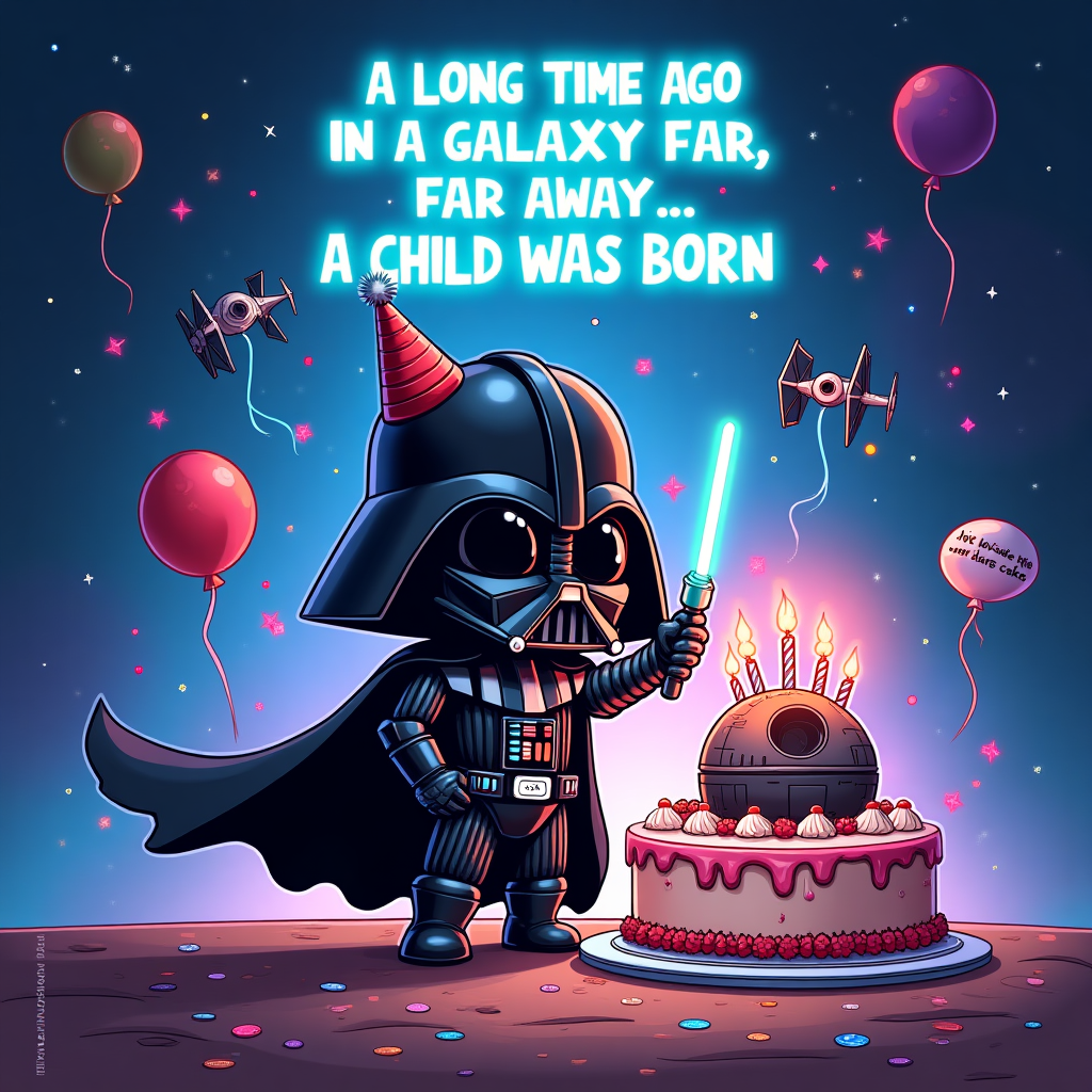 Full-bleed vertical cartoon illustration, playful and exaggerated with thick black outlines and bright saturated colors: a starry space backdrop with a soft blue-purple nebula; at the very top, small centered text in glowing electric-blue, Star Wars–style crawl font reads: “A LONG TIME AGO IN A GALAXY FAR, FAR AWAY A CHILD WAS BORN”. Center stage: a big-headed, chibi Darth Vader in glossy black armor and a tiny party hat, cape swooshing, using the Force to levitate a Death Star–shaped birthday cake with colorful lightsaber candles; confetti and streamers swirl, TIE-fighter balloons bob in the background. Add a tiny white speech bubble from Vader with one cheeky line: “Join the dark side—there’s cake.” Energetic, whimsical vibe with cyan/magenta rim lighting; leave a small blank icing plaque on the cake for a name (no text).
Generated with these themes: STAR WARS, DARTH VADAR, and .
Made with ❤️ by AI.
