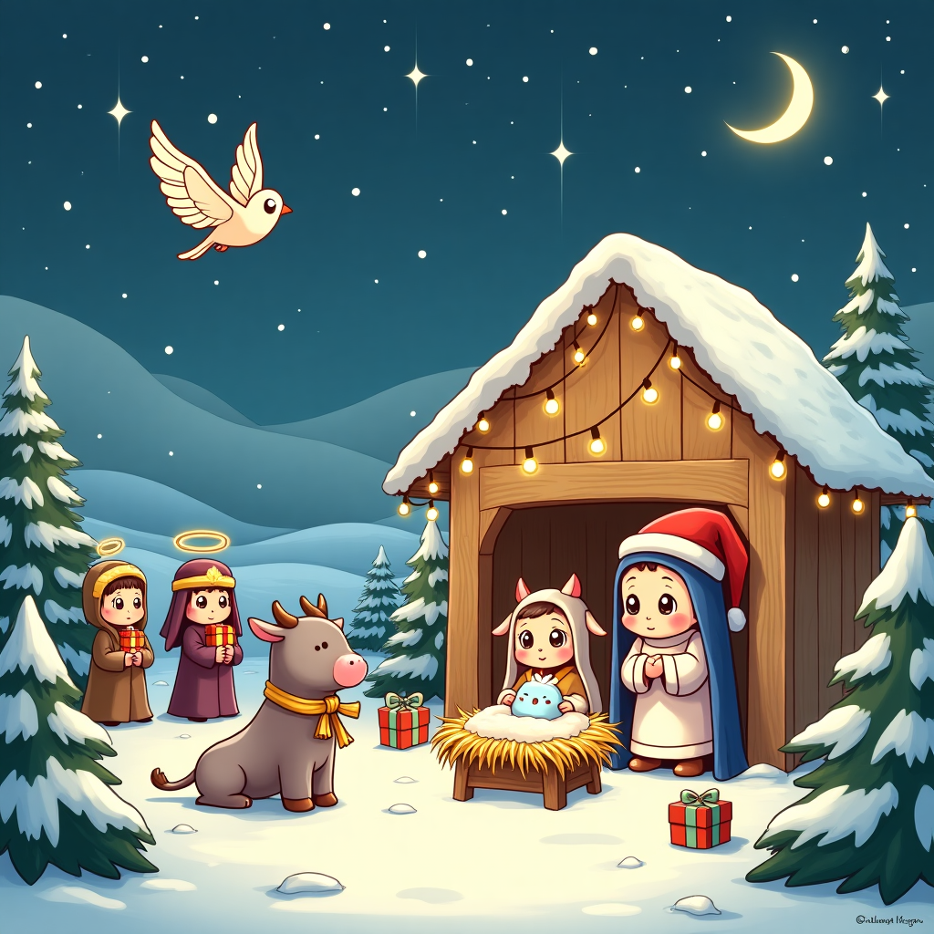 In a whimsical, snowy village reminiscent of a classic Charles Schulz winter wonderland, we find ourselves amidst a lively Christmas nativity scene brimming with Japanese cartoon charm. At the heart of this enchanting tableau, a cozy, wooden stable stands warmly illuminated by twinkling fairy lights that drape from its roof like delicate strands of starlight. Inside, a kawaii-style Mary and Joseph, their wide eyes sparkling with gentle wonder, tend to a serene, cartoonish Baby Jesus, who giggles softly from his crib crafted from rich, woven straw. Surrounding this serene moment, adorable, chibi-like animals gather, each adding a touch of mischief and magic to the scene. A plump, pink-cheeked ox wears a red Santa hat slightly askew, while a tiny, bluebird with a scarf perches on his back, chirping a merry tune. On the left, three wise men, portrayed as quirky, anime-inspired characters with oversized, expressive eyes, bear gifts wrapped in vibrant origami paper, the colors popping against the serene winter backdrop. Above them, an angel with intricate manga-style wings flutters gracefully, her halo glowing softly like the moon. In the sky, a crescent moon casts a gentle glow, and a comet streaks by, trailing sparkling, star-dust-like particles. The entire scene is framed by snow-laden pine trees and distant, rolling hills under a blanket of twinkling stars, inviting the viewer into this delightful, cartoon nativity story where traditional charm meets the playful imagination of Japanese animation.
Generated with these themes: Cure Japanese cartoon nativity scene.
Made with ❤️ by AI.